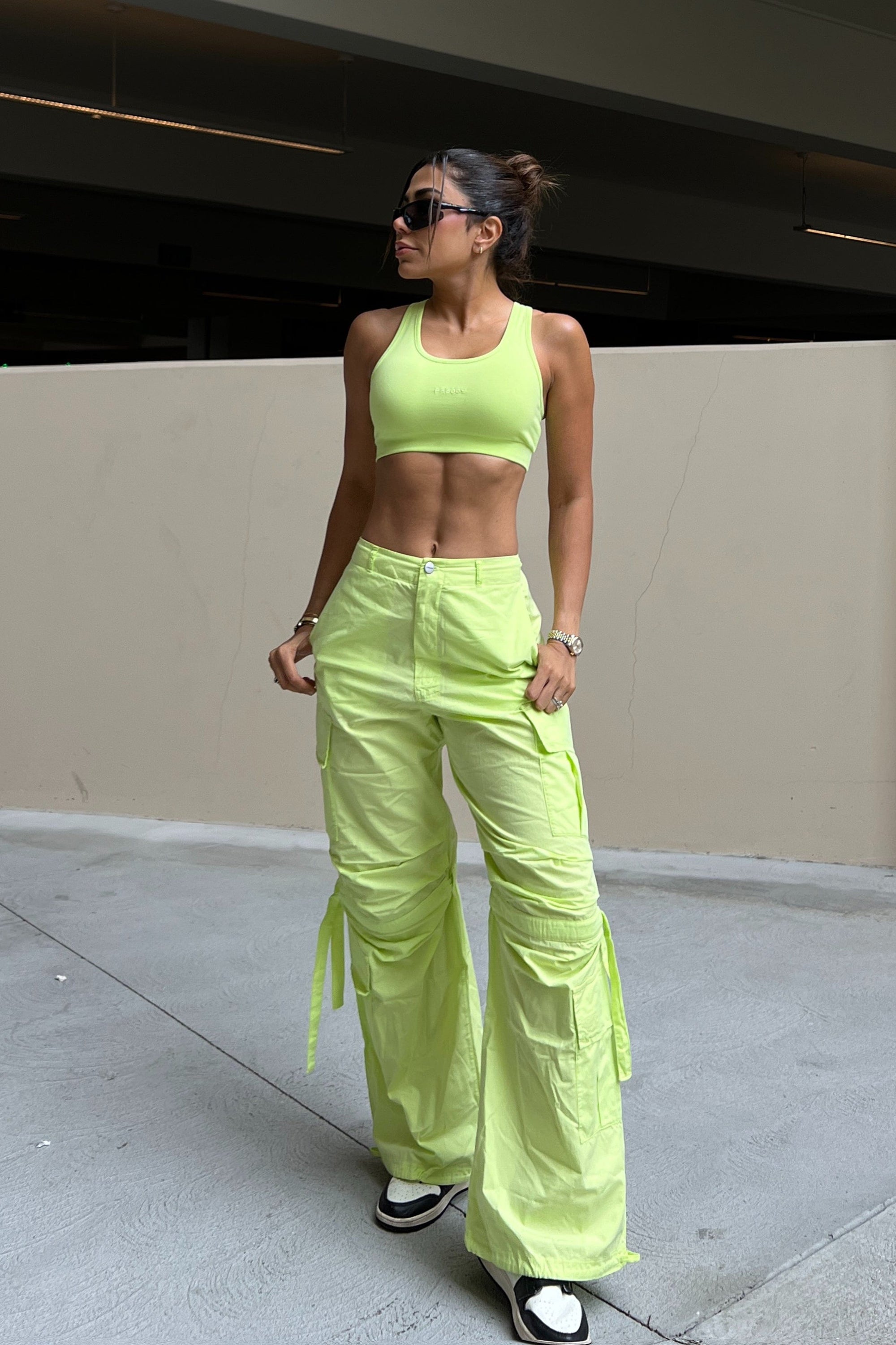 Cargo Pants - High Waisted - Full Length - Lime Green 1