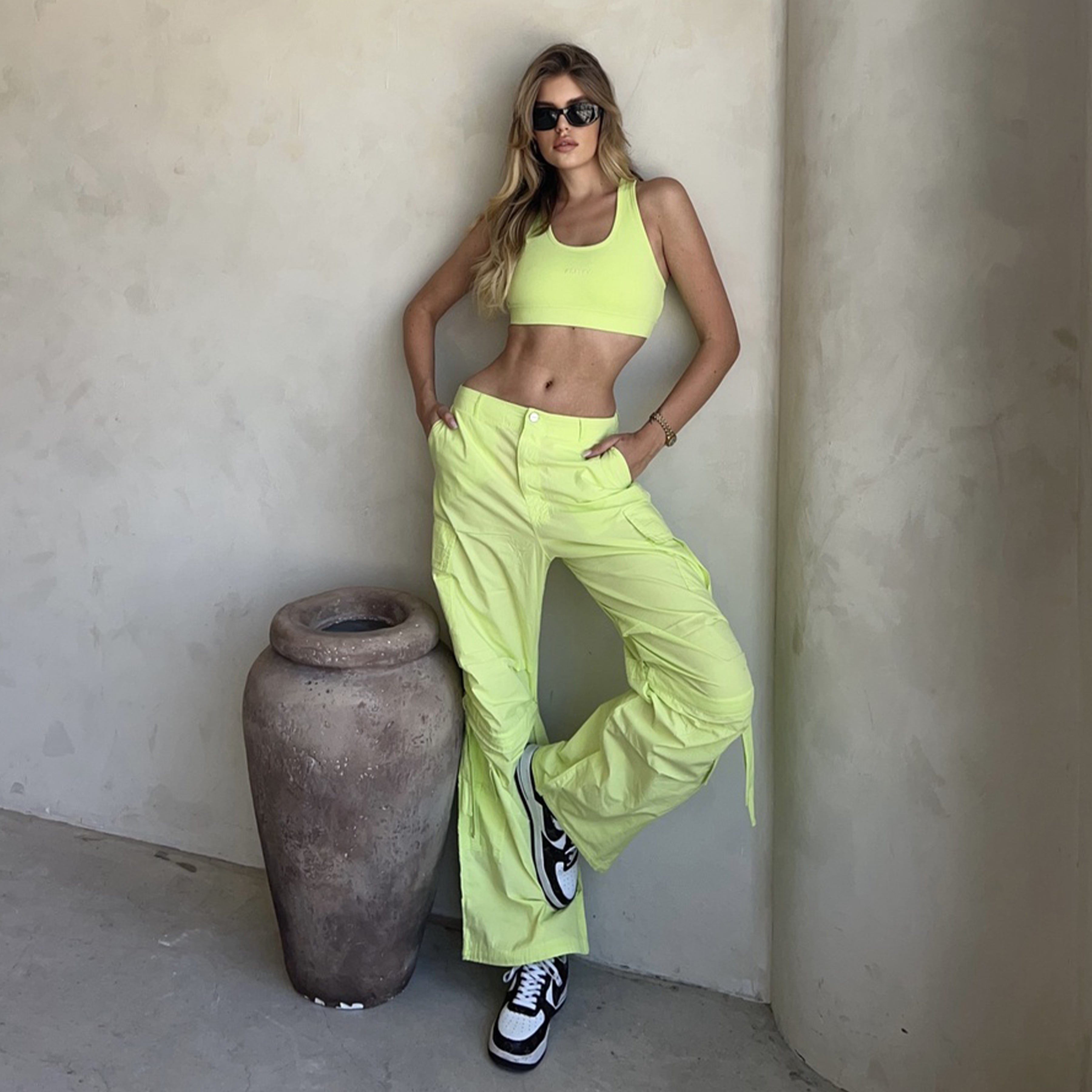 Cargo Pants - High Waisted - Full Length - Lime Green 3