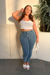 WR.UP® Curvy Denim - High Waisted - Full Length - Light Blue + Yellow Stitching 1