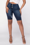 WR.UP® Distressed Denim - High Waisted - Biker Shorts - Dark Blue + Yellow Stitching 2