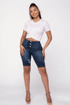 WR.UP® Distressed Denim - High Waisted - Biker Shorts - Dark Blue + Yellow Stitching 5