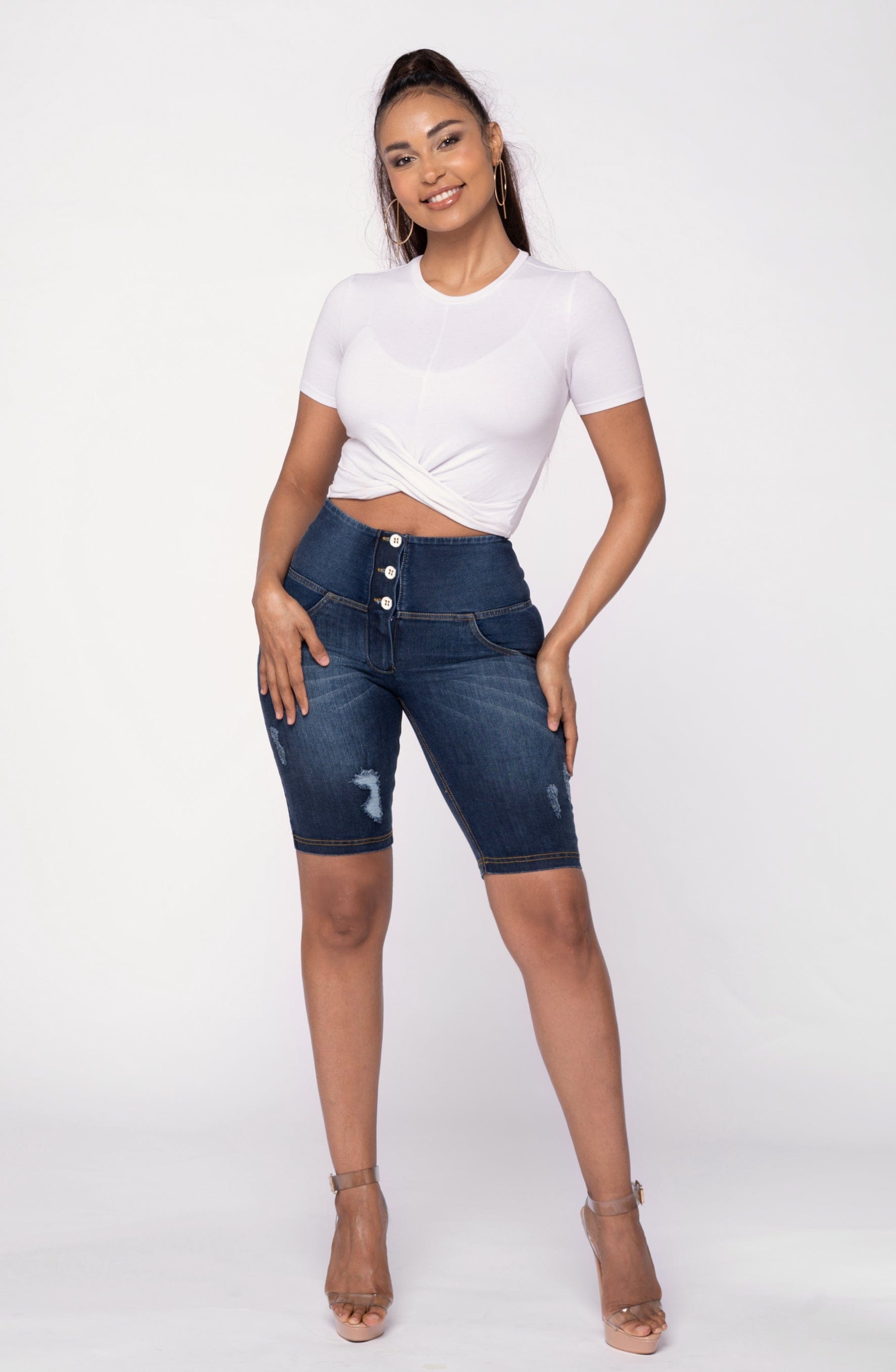 WR.UP® Distressed Denim - High Waisted - Biker Shorts - Dark Blue + Yellow Stitching 5