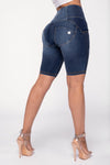 WR.UP® Distressed Denim - High Waisted - Biker Shorts - Dark Blue + Yellow Stitching 8