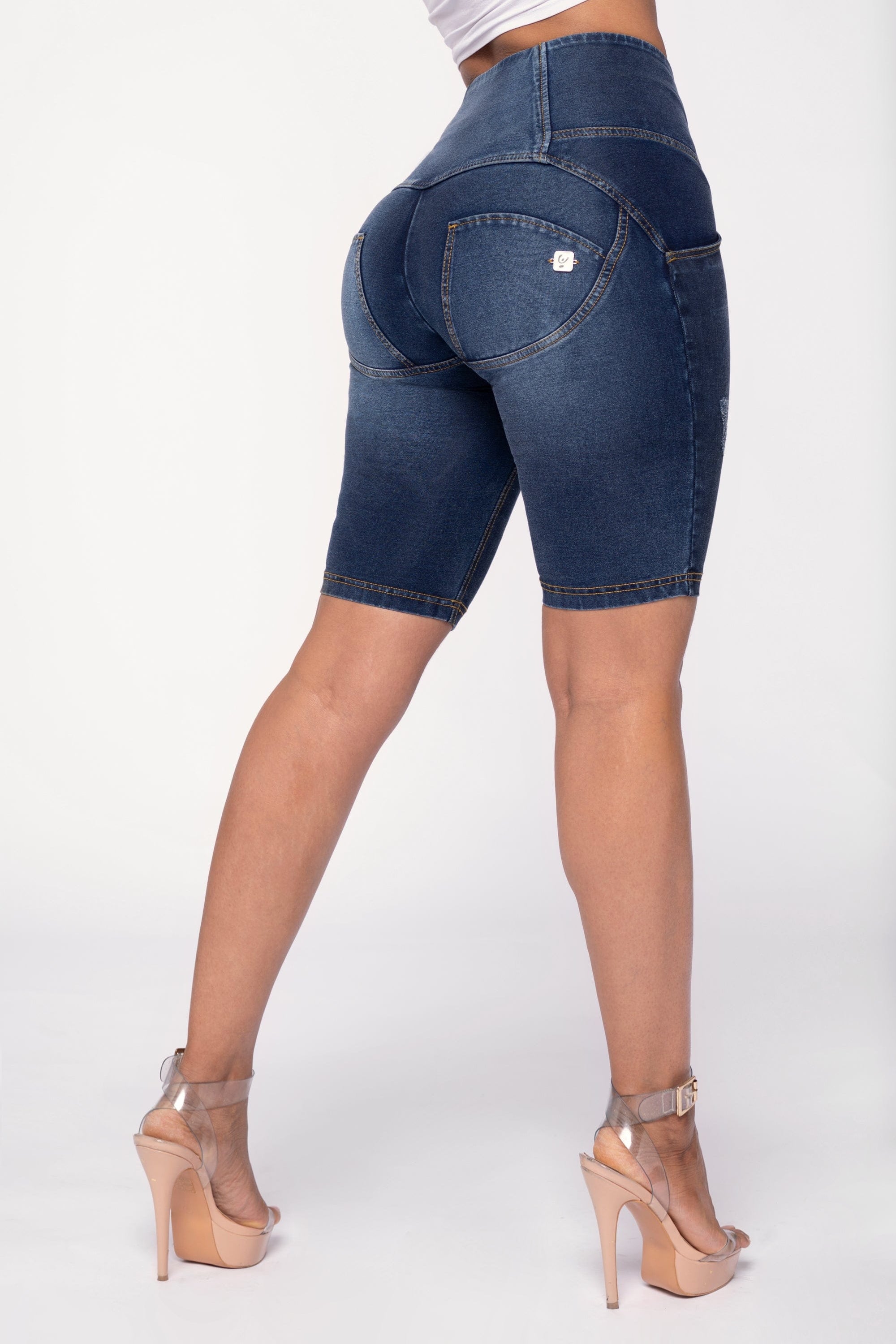 WR.UP® Distressed Denim - High Waisted - Biker Shorts - Dark Blue + Yellow Stitching 8