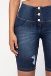 WR.UP® Distressed Denim - High Waisted - Biker Shorts - Dark Blue + Yellow Stitching 7