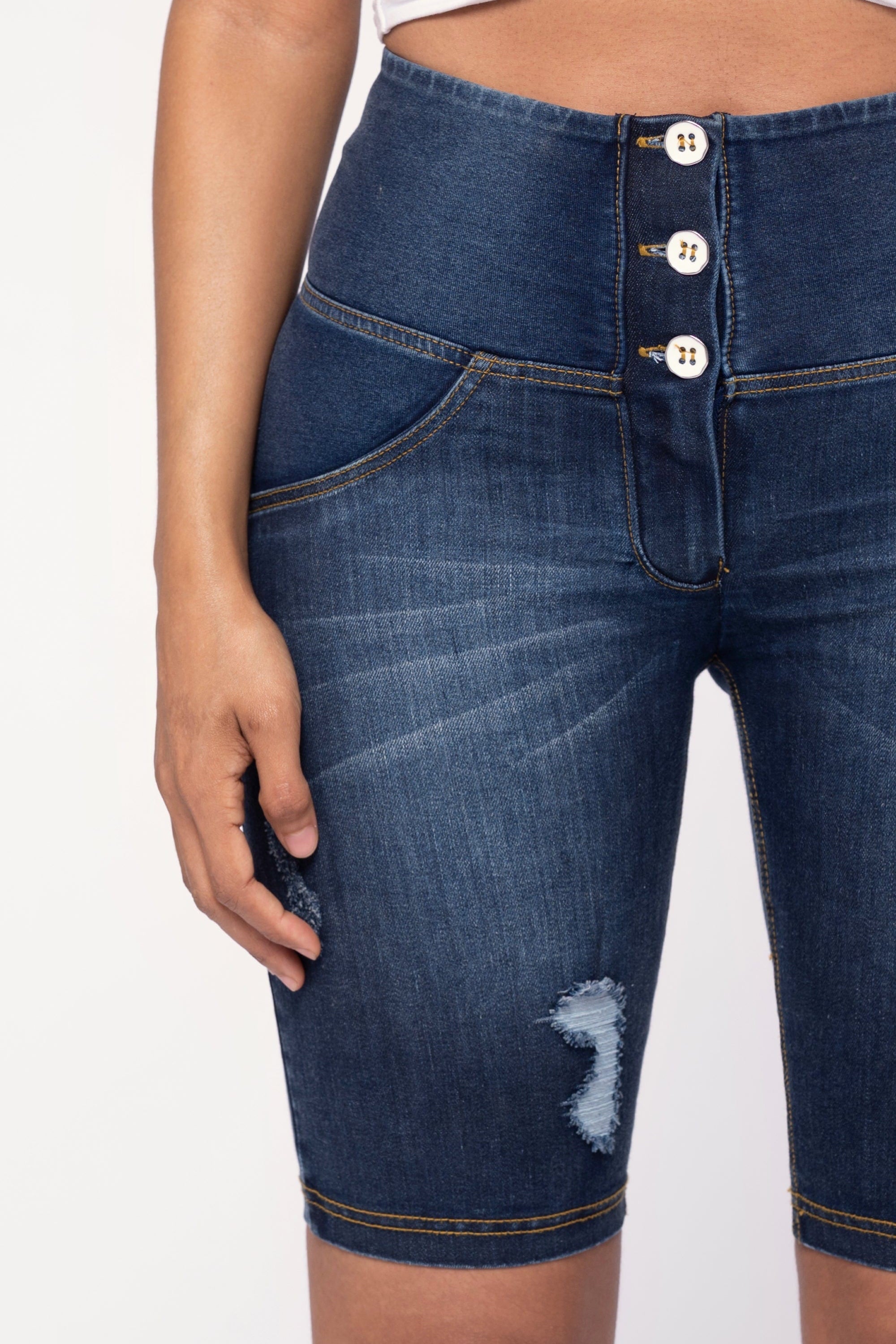 WR.UP® Distressed Denim - High Waisted - Biker Shorts - Dark Blue + Yellow Stitching 7