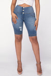 WR.UP® Distressed Denim - High Waisted - Biker Shorts - Light Blue + Yellow Stitching 1
