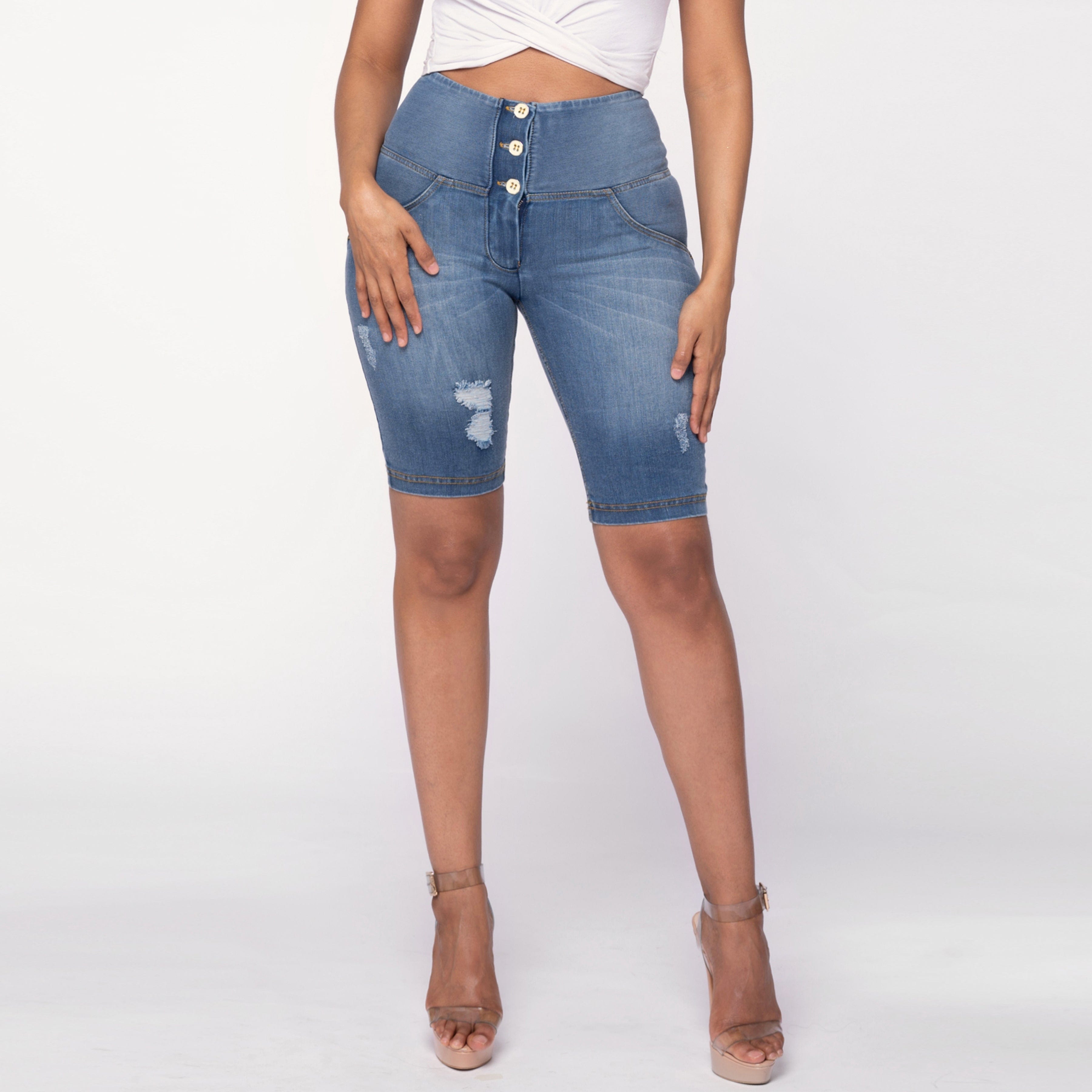 WR.UP® Distressed Denim - High Waisted - Biker Shorts - Light Blue + Yellow Stitching 1