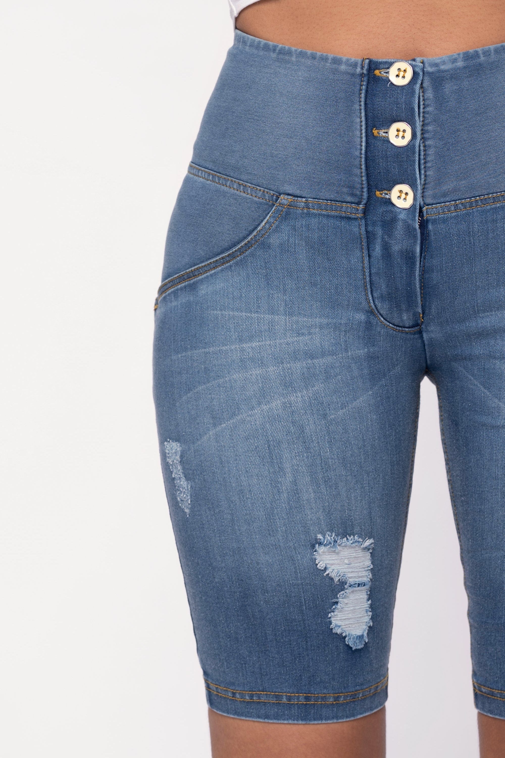 WR.UP® Distressed Denim - High Waisted - Biker Shorts - Light Blue + Yellow Stitching 10