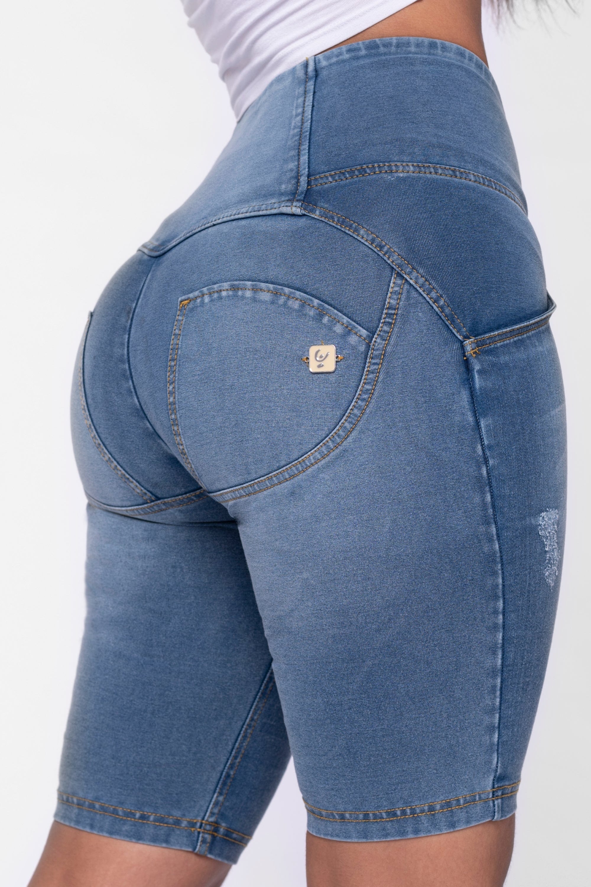 WR.UP® Distressed Denim - High Waisted - Biker Shorts - Light Blue + Yellow Stitching 8