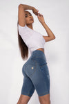 WR.UP® Distressed Denim - High Waisted - Biker Shorts - Light Blue + Yellow Stitching 4