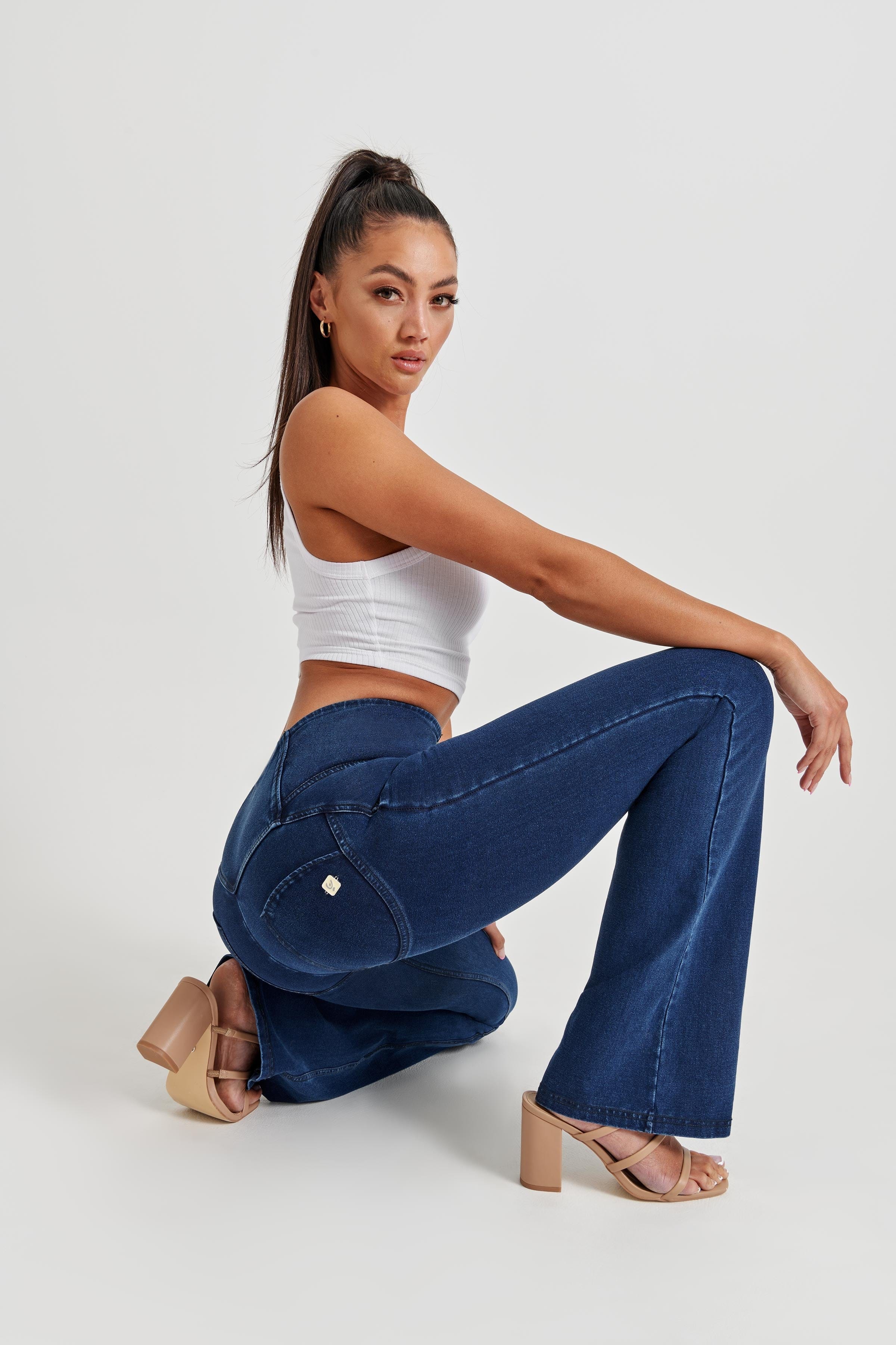 WR.UP® Denim - High Waisted - Bell Bottom Flare - Dark Blue + Blue Stitching 2