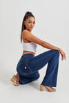 WR.UP® Denim - High Waisted - Bell Bottom Flare - Dark Blue + Yellow Stitching 4