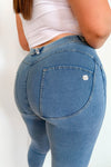 WR.UP® Curvy Denim - High Waisted - Full Length - Light Blue + Yellow Stitching 9