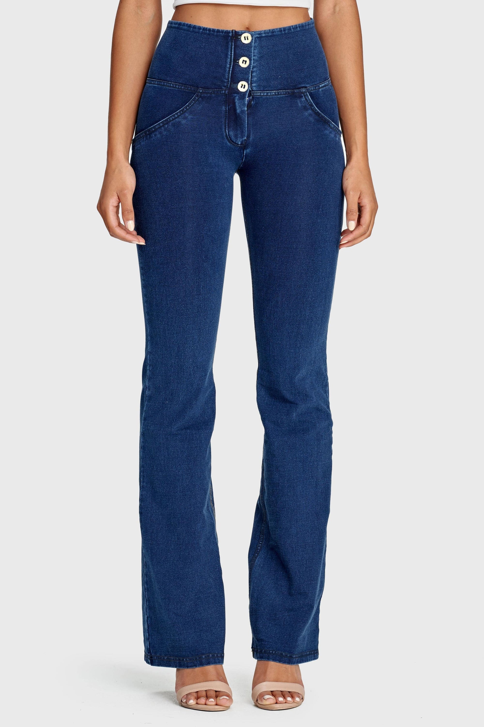 WR.UP® Denim - High Waisted - Bell Bottom Flare - Dark Blue + Blue Stitching 8