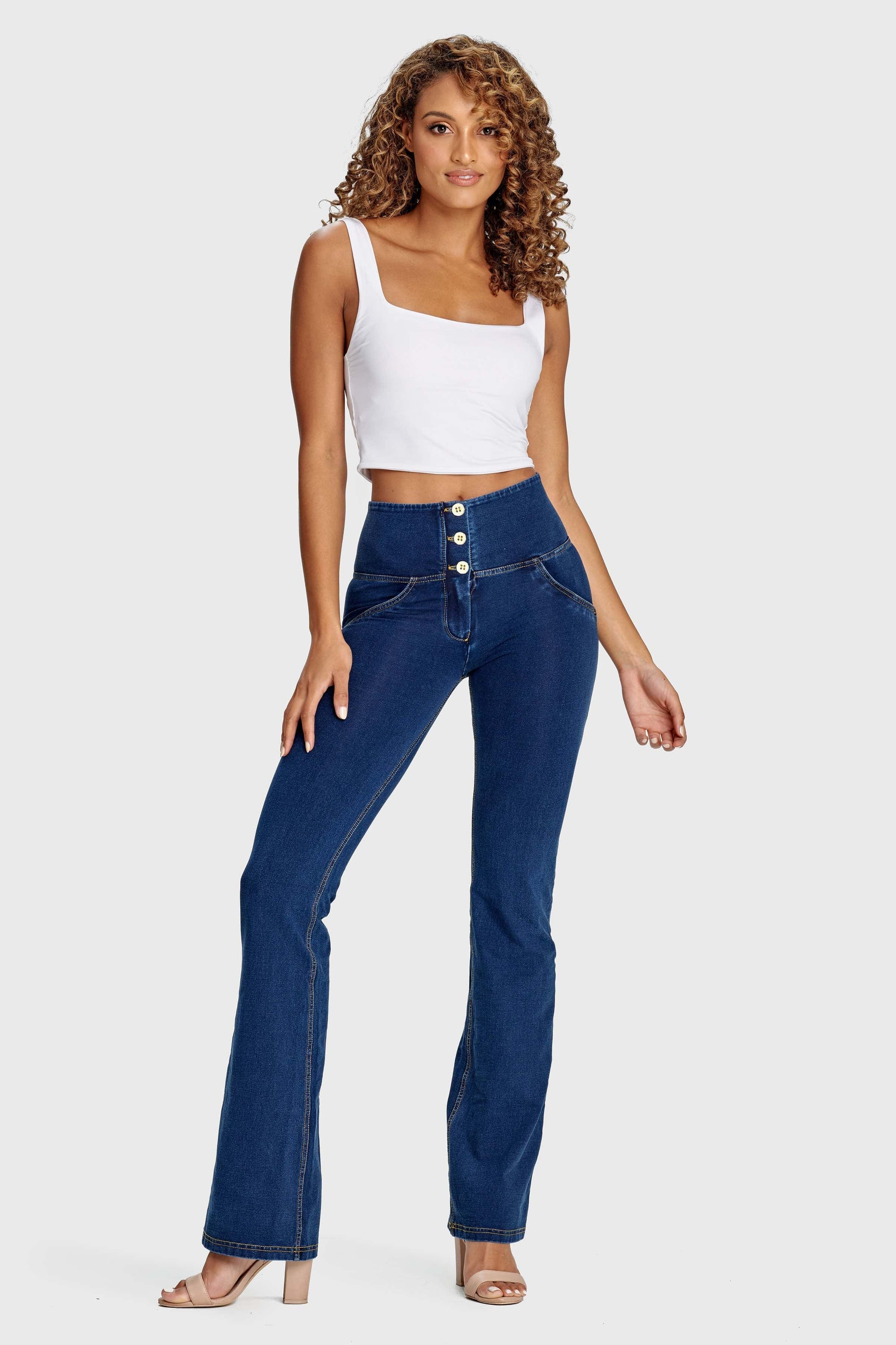 WR.UP® Denim - High Waisted - Bell Bottom Flare - Dark Blue + Yellow Stitching 10