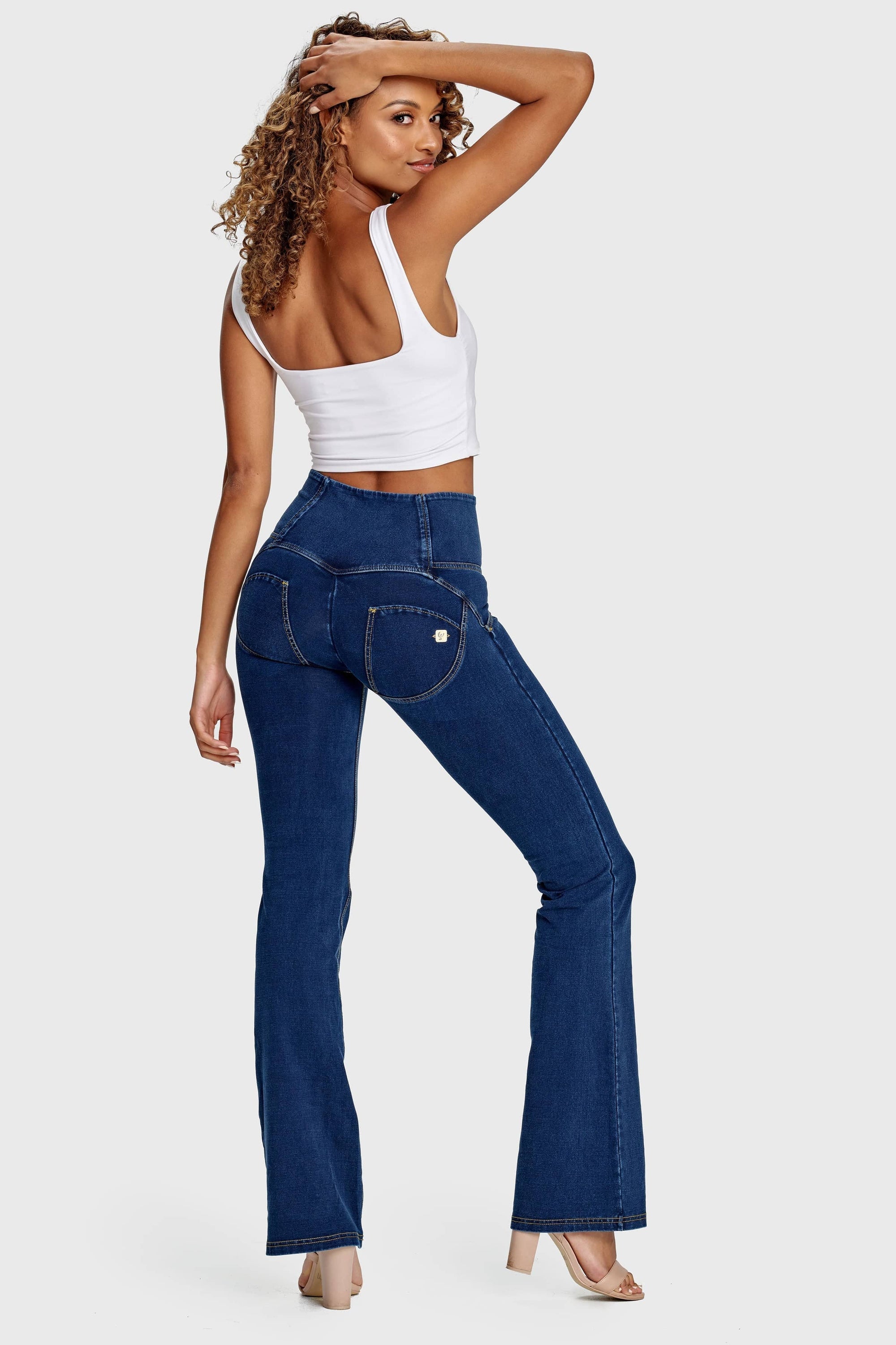 WR.UP® Denim - High Waisted - Bell Bottom Flare - Dark Blue + Yellow Stitching 9