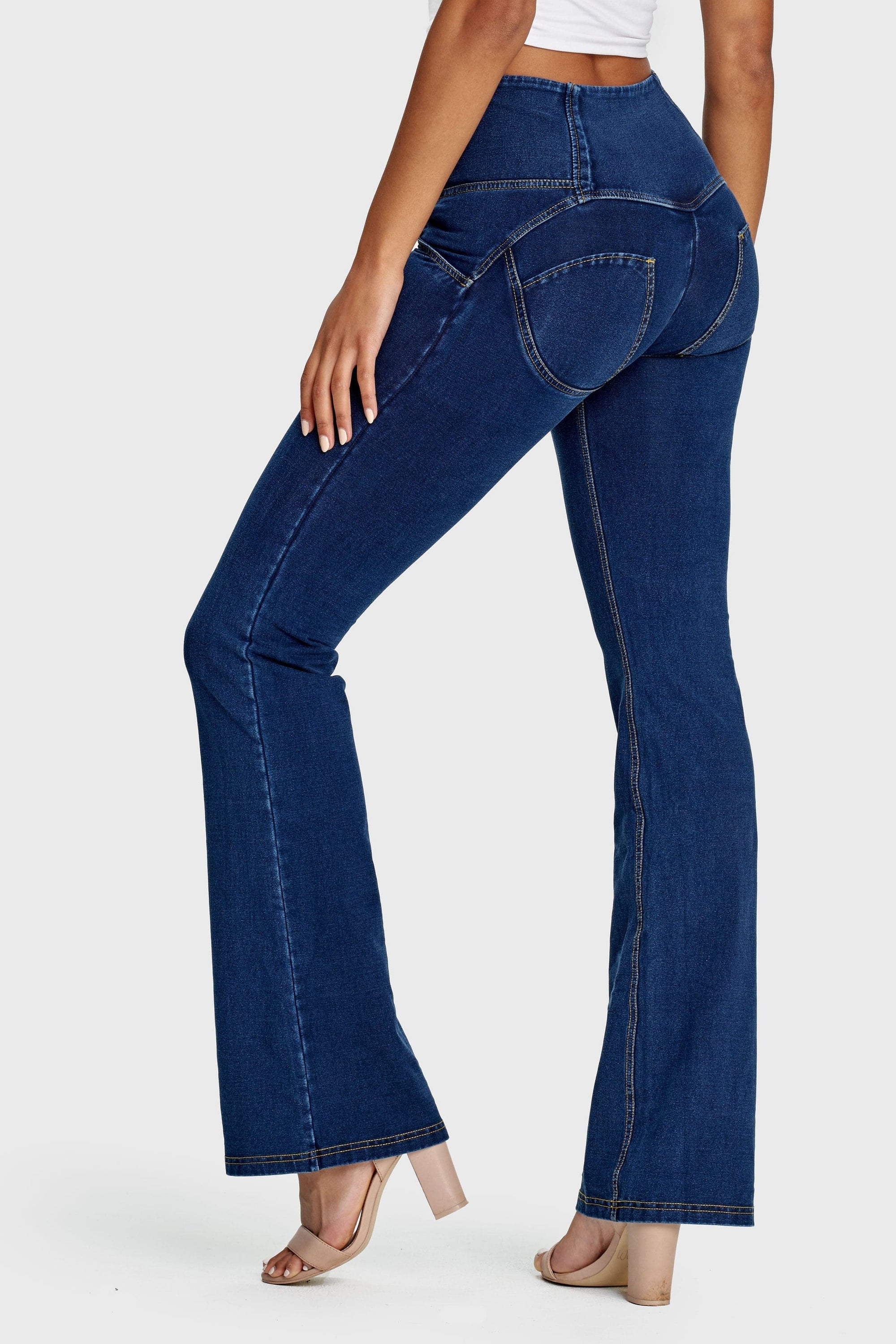 WR.UP® Denim - High Waisted - Bell Bottom Flare - Dark Blue + Yellow Stitching 8