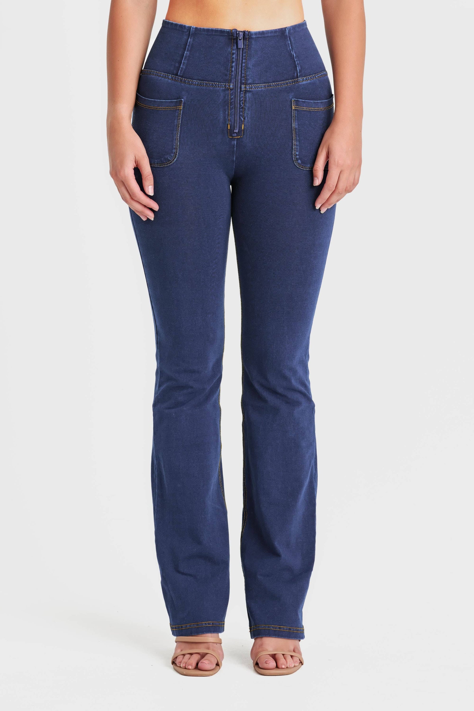 WR.UP® Denim with Front Pockets - Super High Waisted - Flare - Dark Blue + Yellow Stitching 5
