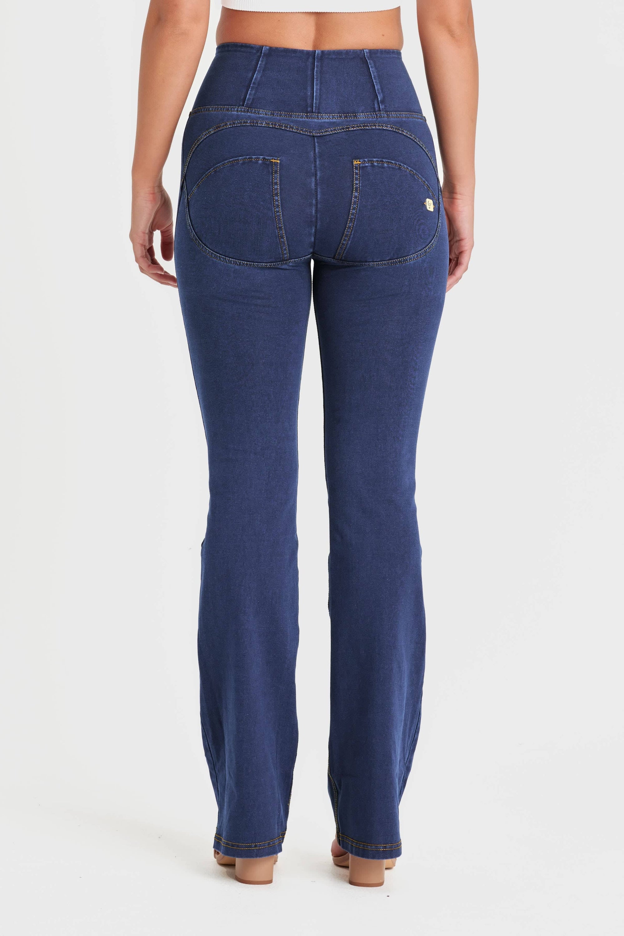 WR.UP® Denim with Front Pockets - Super High Waisted - Flare - Dark Blue + Yellow Stitching 4