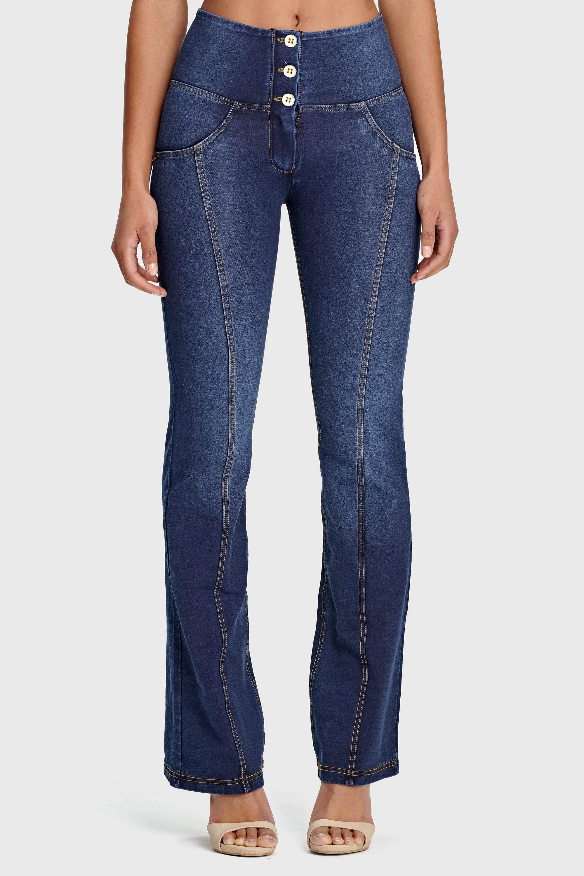 WR.UP® Denim - High Waisted - Flare - Dark Blue + Yellow Stitching 2