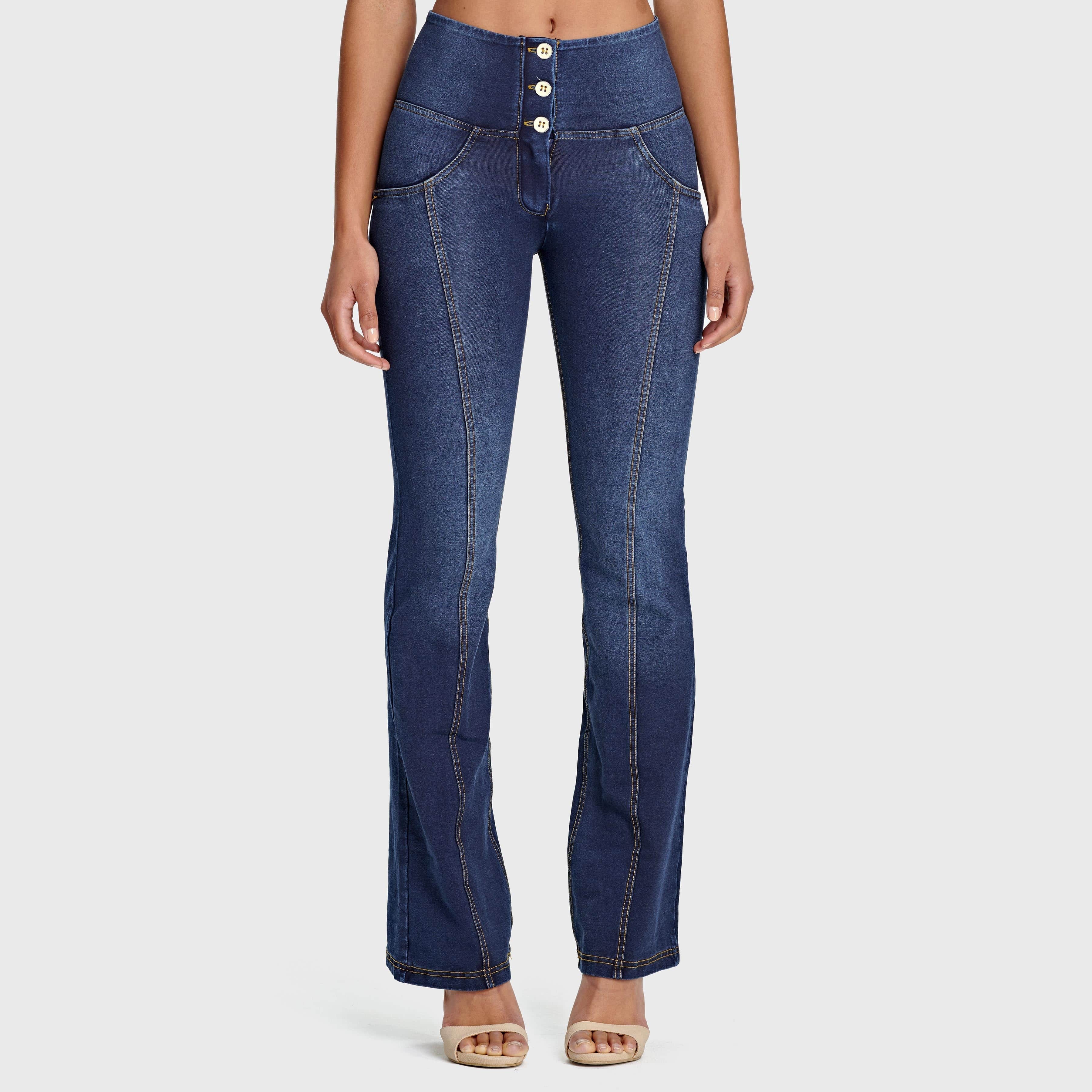 WR.UP® Denim - High Waisted - Flare - Dark Blue + Yellow Stitching 2