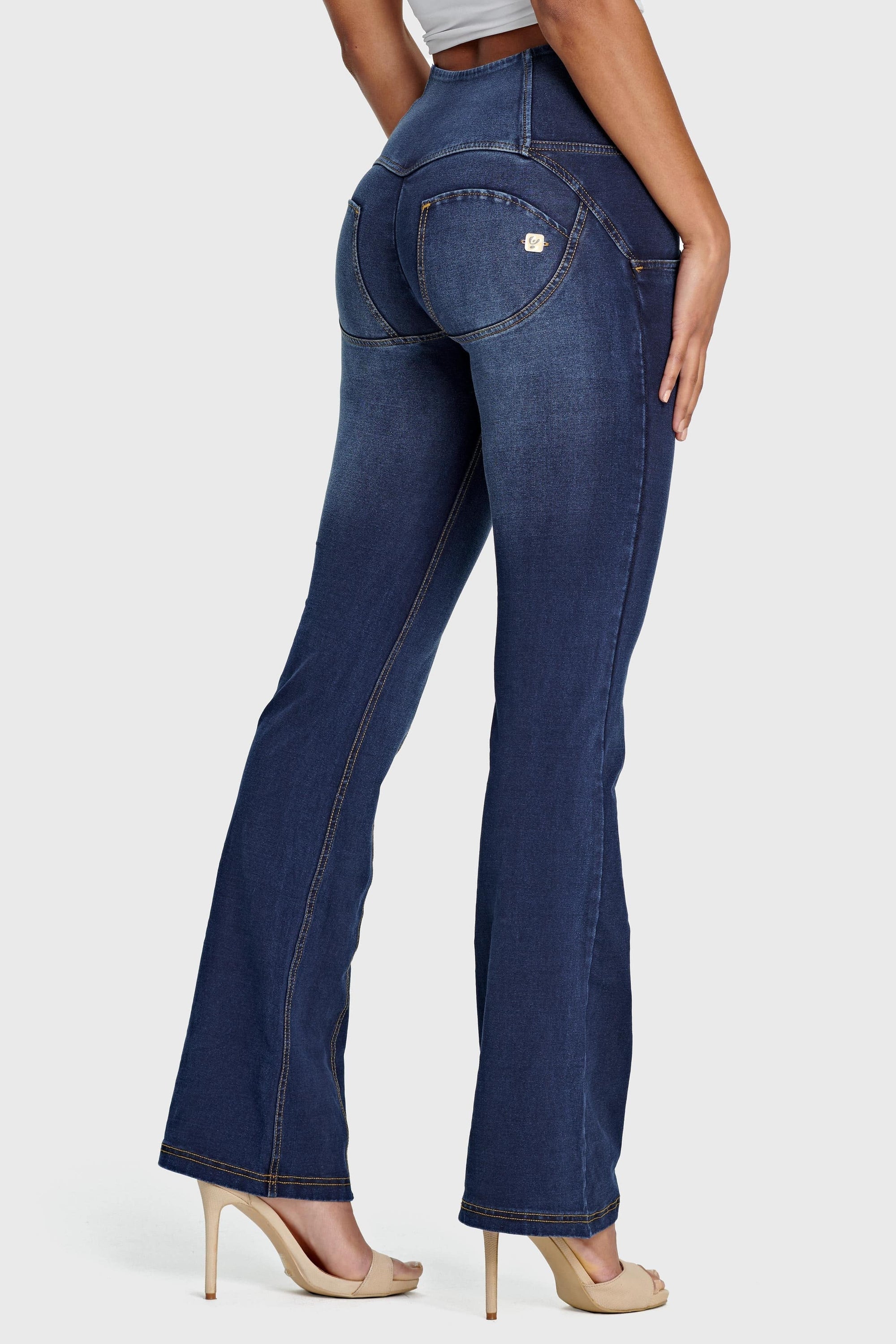WR.UP® Denim - High Waisted - Flare - Dark Blue + Yellow Stitching 3