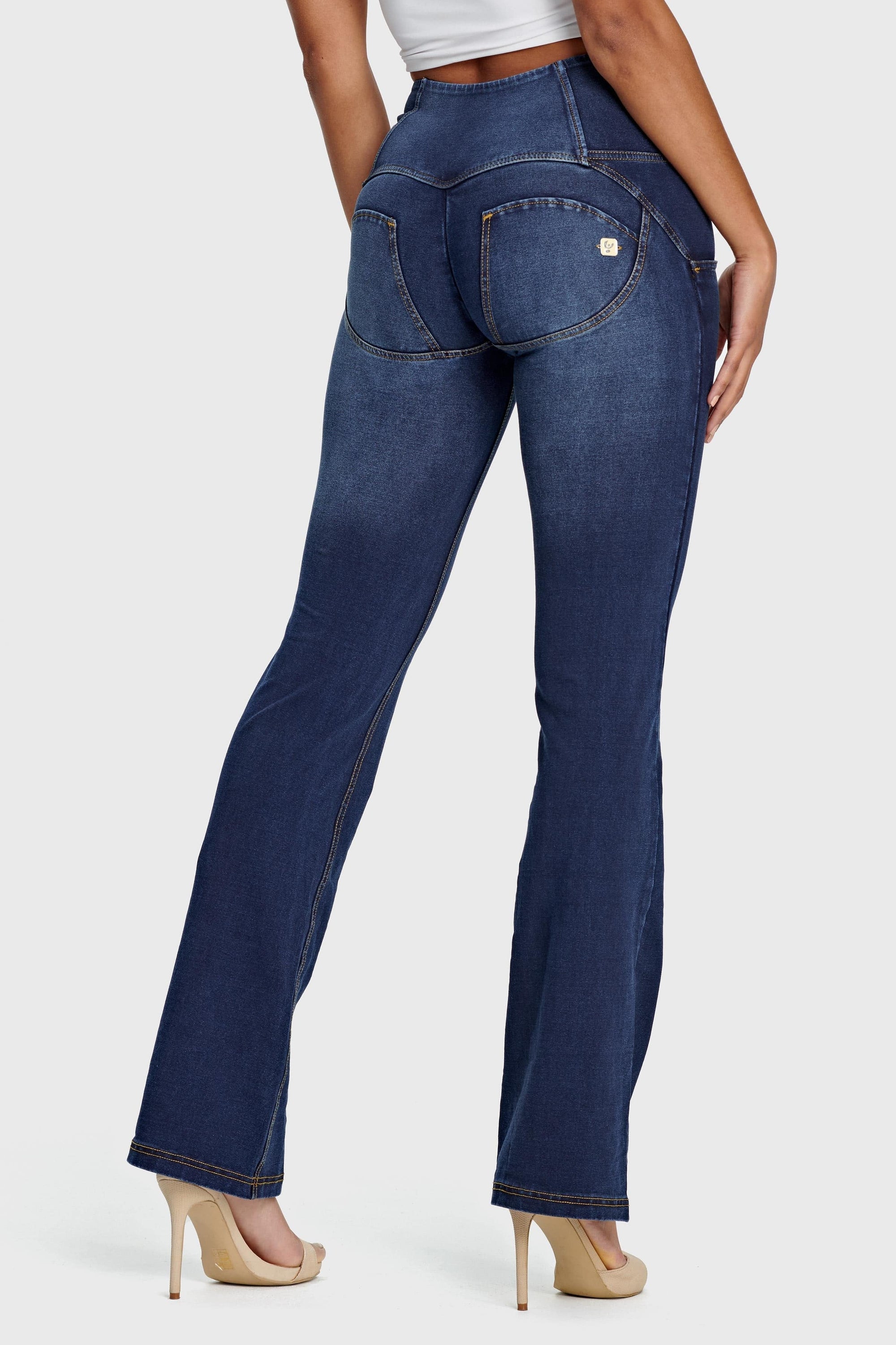 WR.UP® Denim - High Waisted - Flare - Dark Blue + Yellow Stitching 4