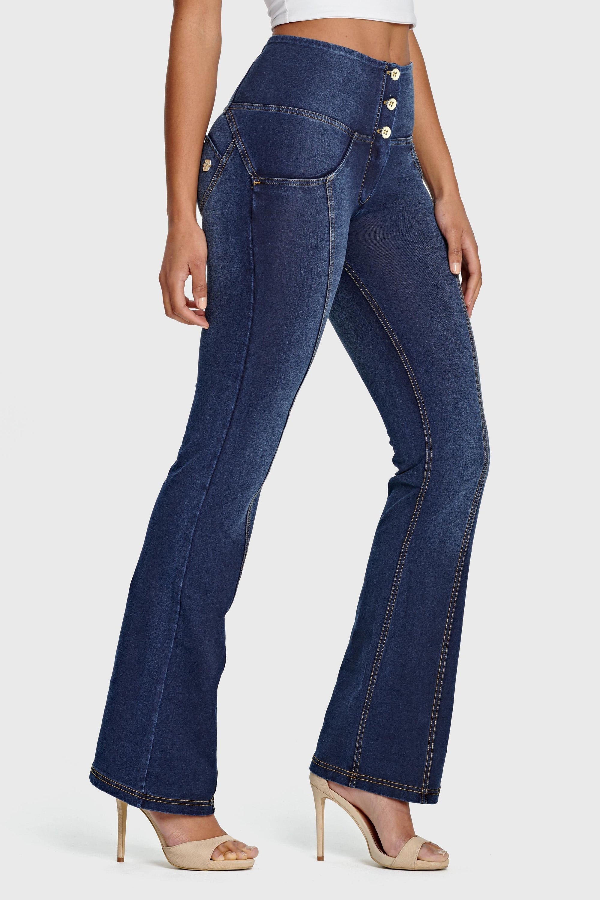 WR.UP® Denim - High Waisted - Flare - Dark Blue + Yellow Stitching 5
