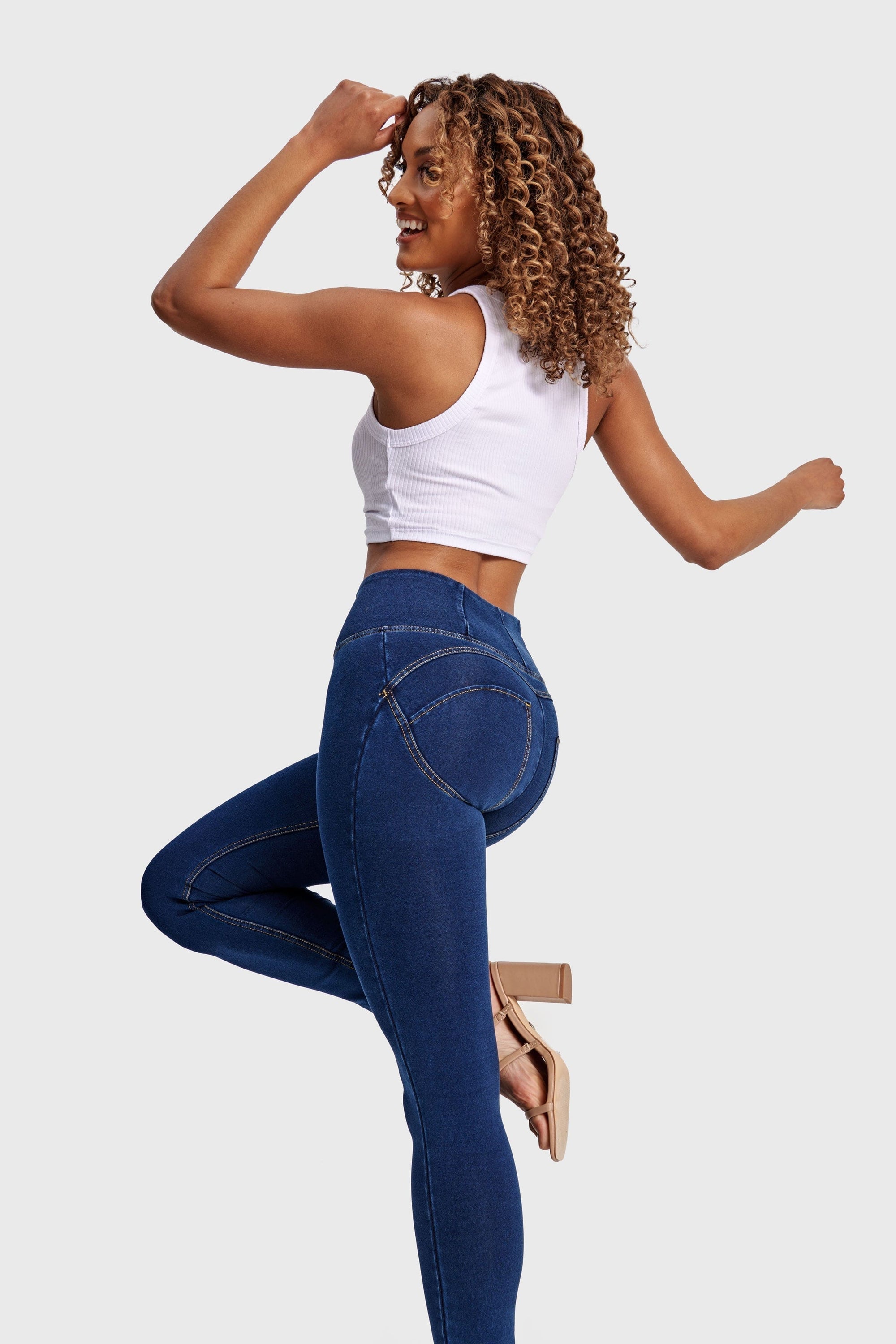 WR.UP® Denim - High Waisted - Full Length - Dark Blue + Yellow Stitching 6