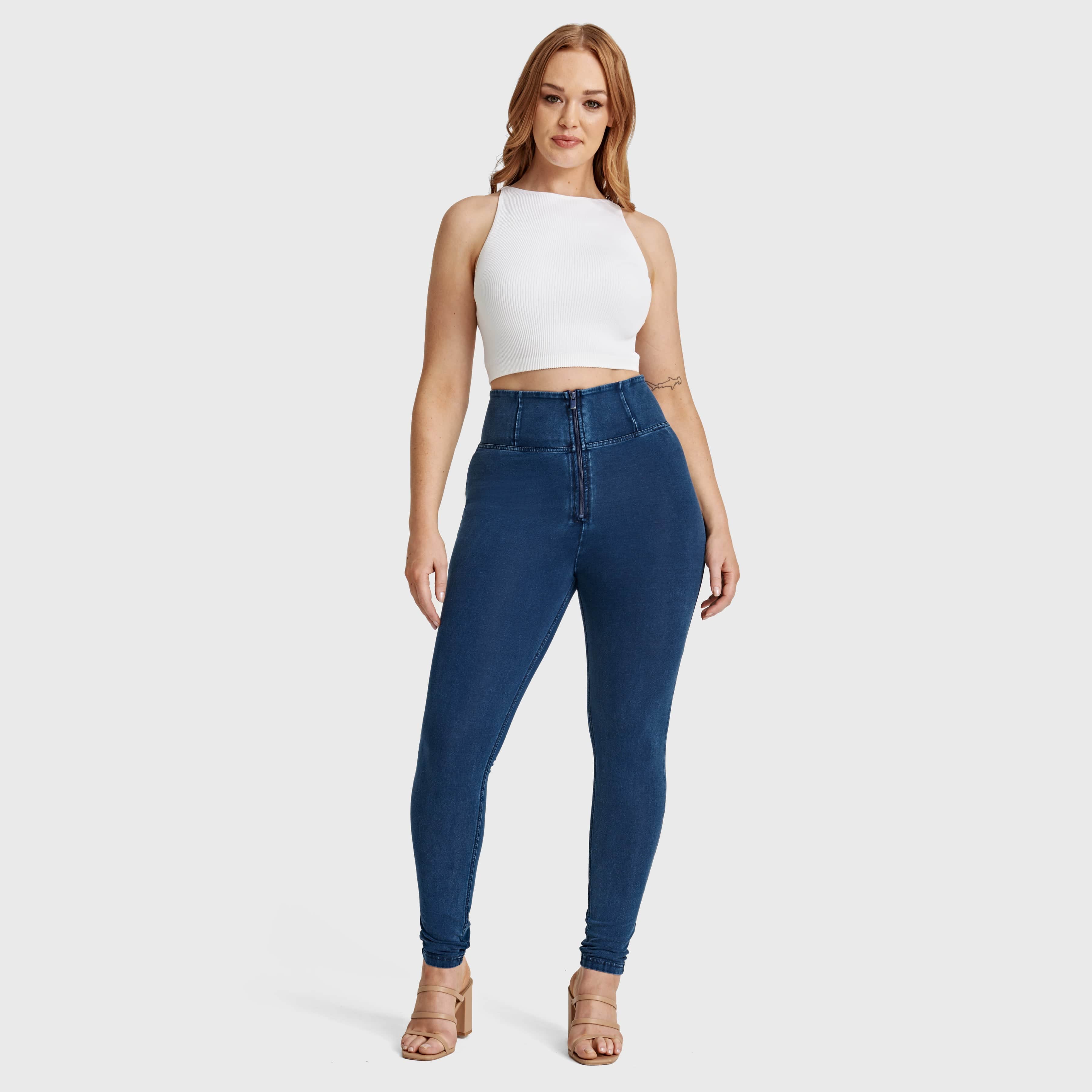 WR.UP® Curvy Denim - Zip High Waisted - Full Length - Dark Blue + Blue Stitching 3