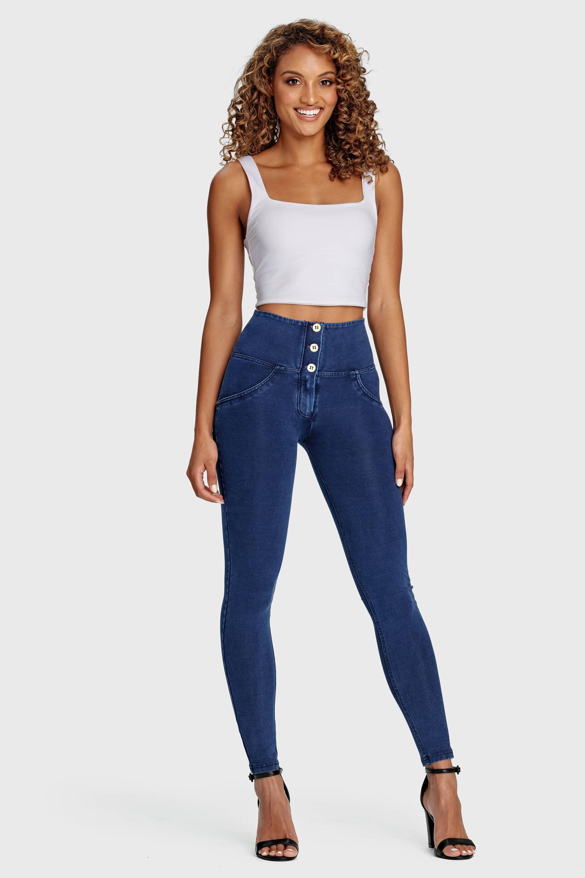 WR.UP® Denim - 3 Button High Waisted - Full Length - Dark Blue + Blue Stitching 4
