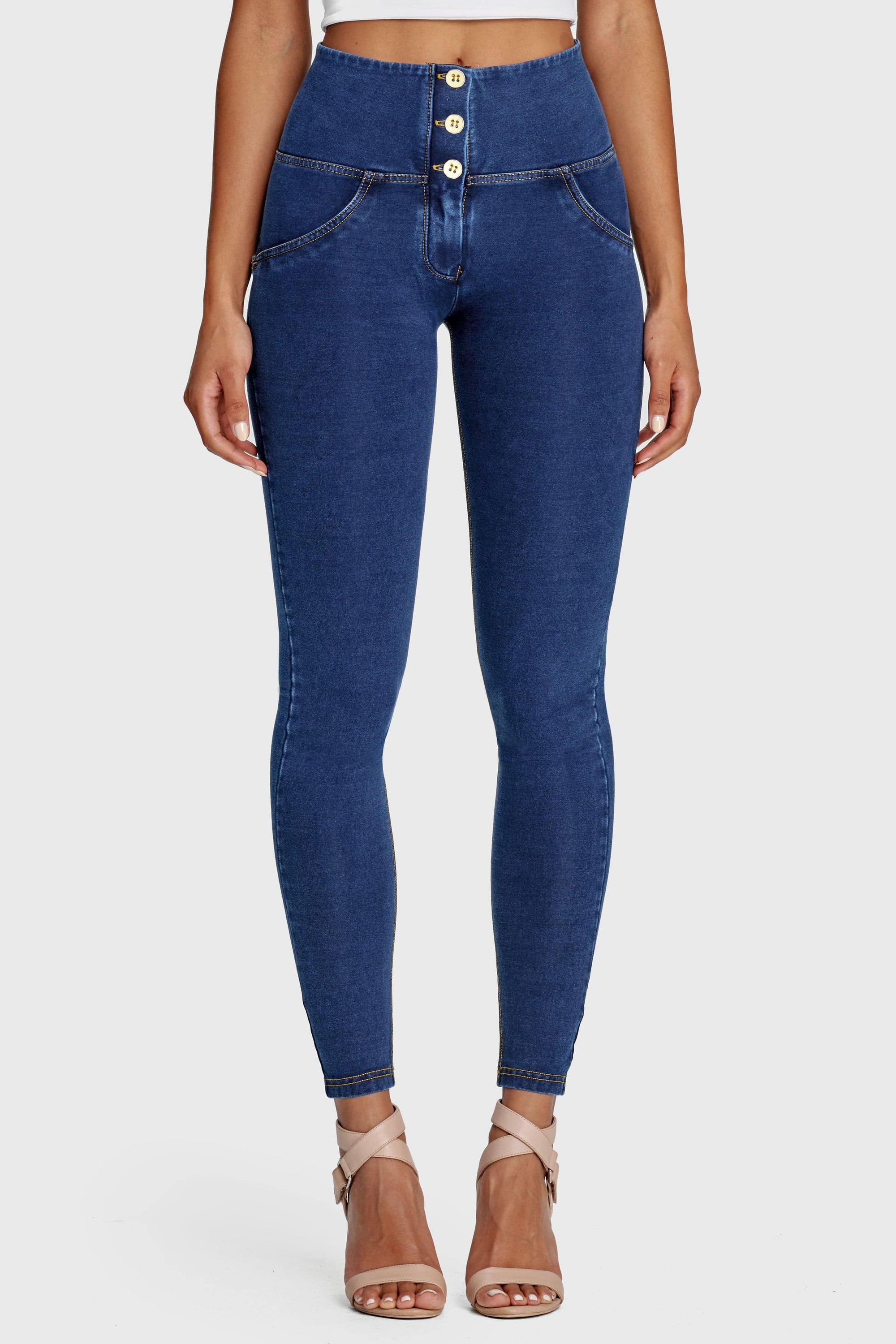 WR.UP® Denim - 3 Button High Waisted - Full Length  - Dark Blue + Yellow Stitching 1
