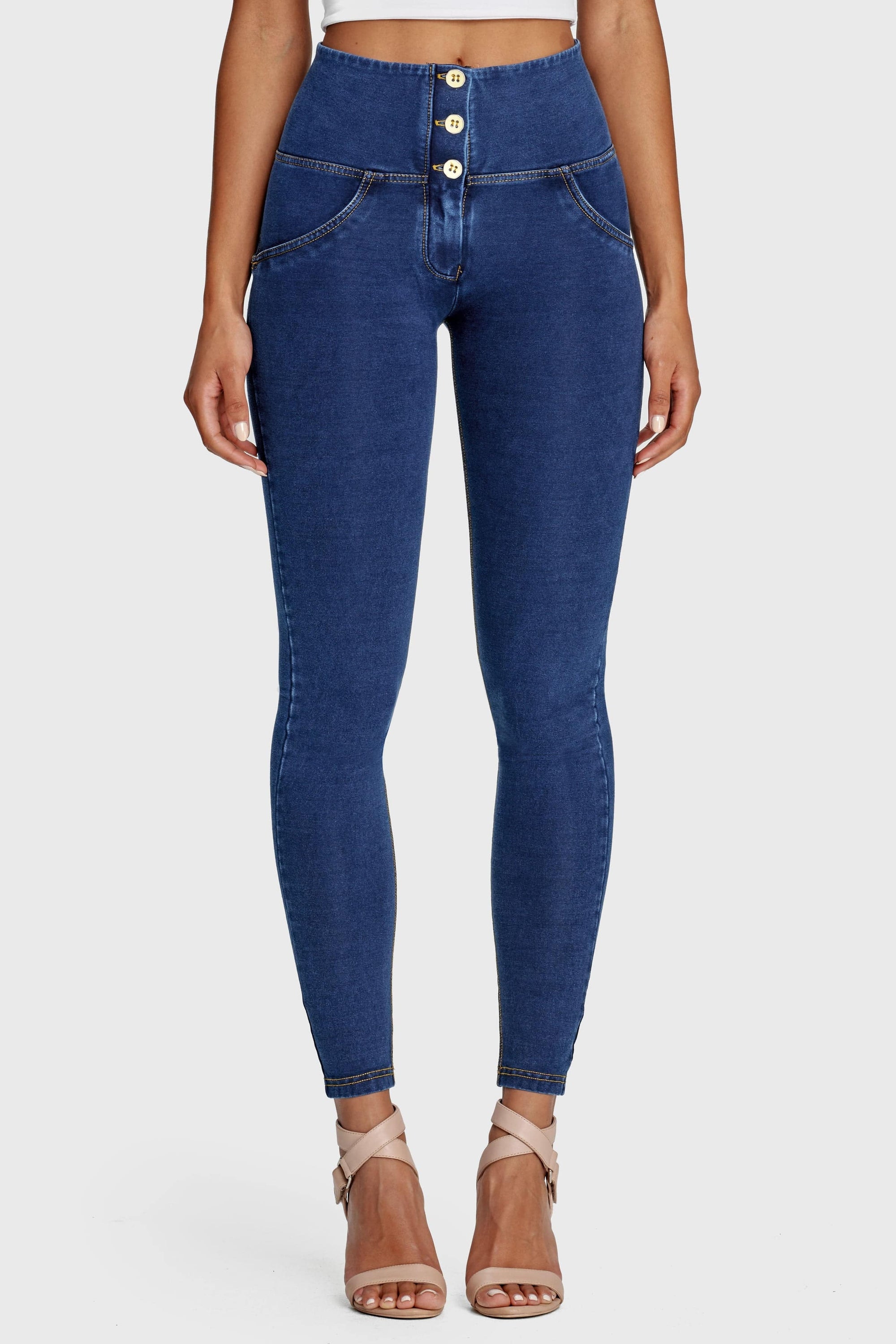 WR.UP® Denim - 3 Button High Waisted - Full Length - Dark Blue + Yellow Stitching 1