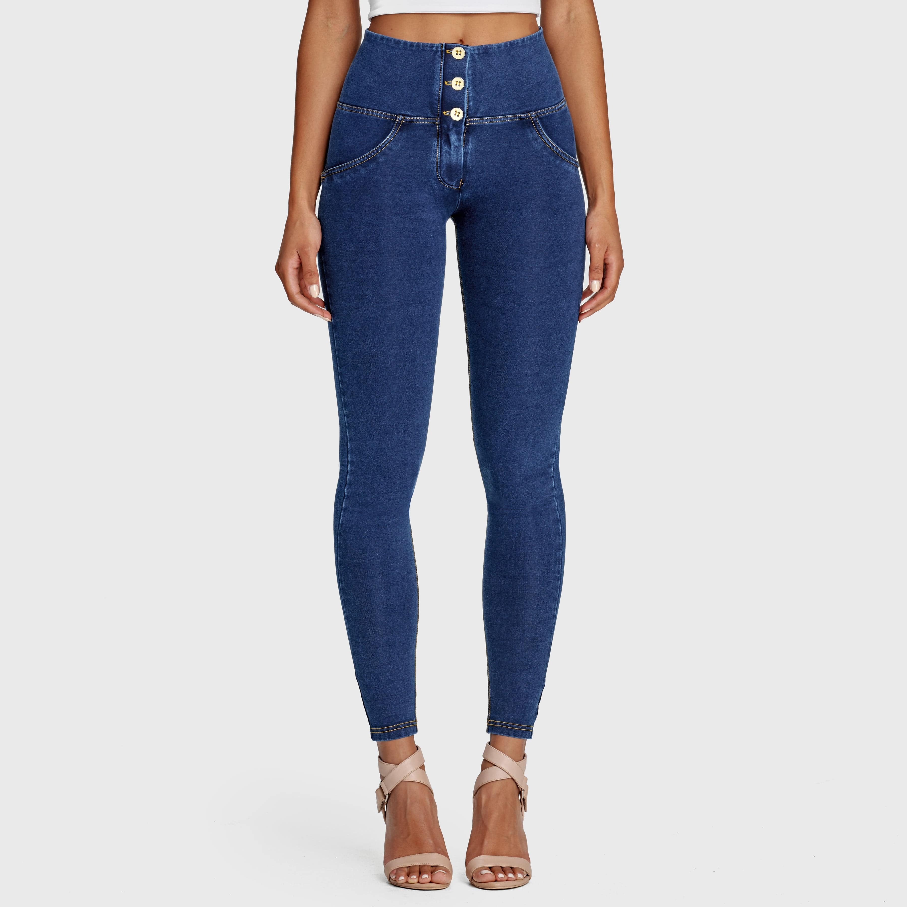 WR.UP® Denim - 3 Button High Waisted - Full Length - Dark Blue + Yellow Stitching 1