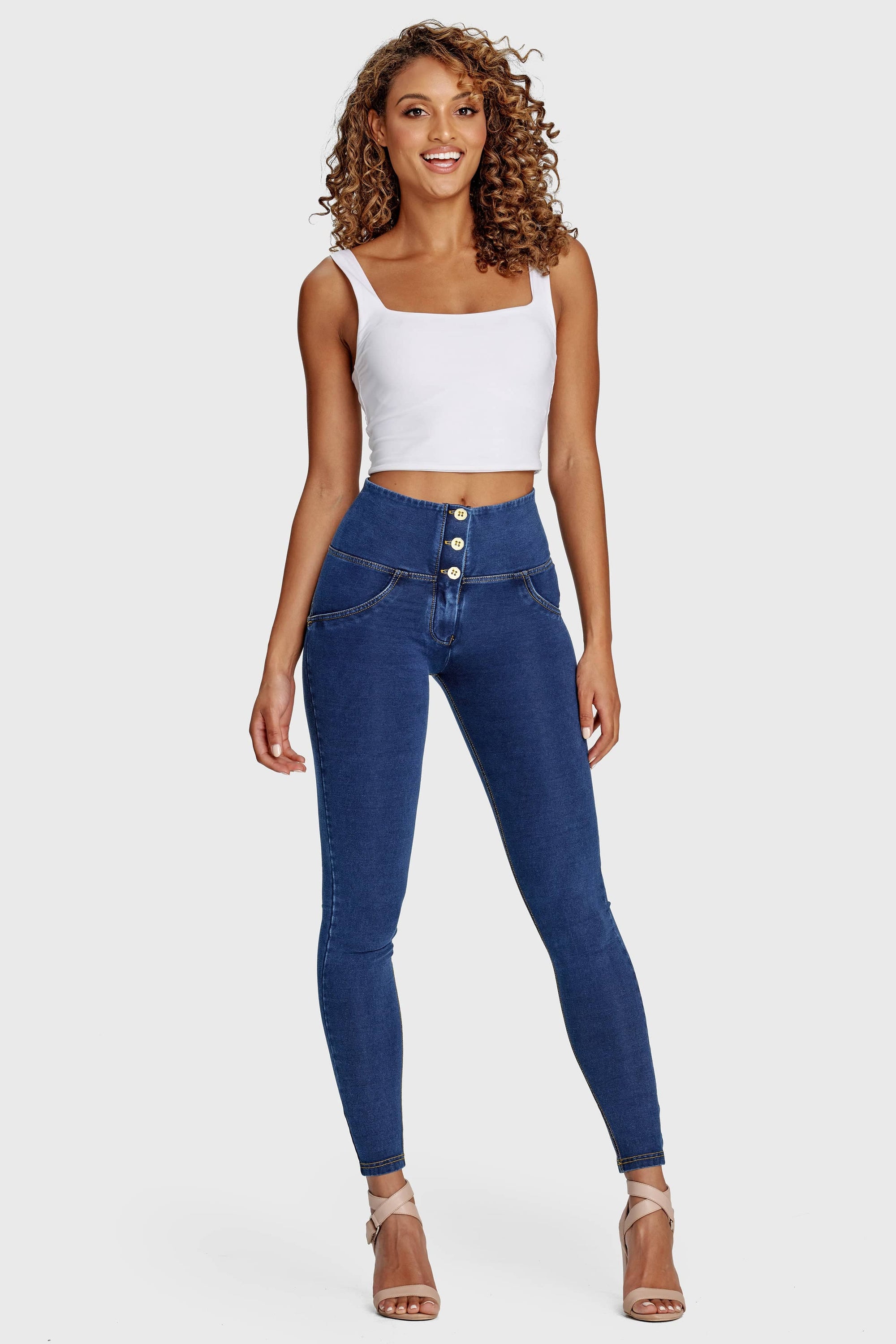 WR.UP® Denim - 3 Button High Waisted - Full Length  - Dark Blue + Yellow Stitching 9
