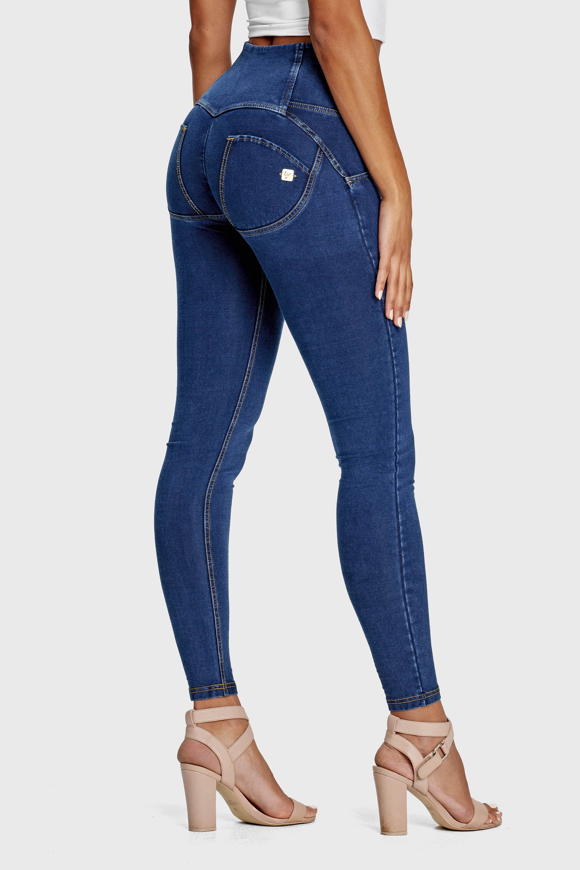 WR.UP® Denim - 3 Button High Waisted - Full Length  - Dark Blue + Yellow Stitching 3