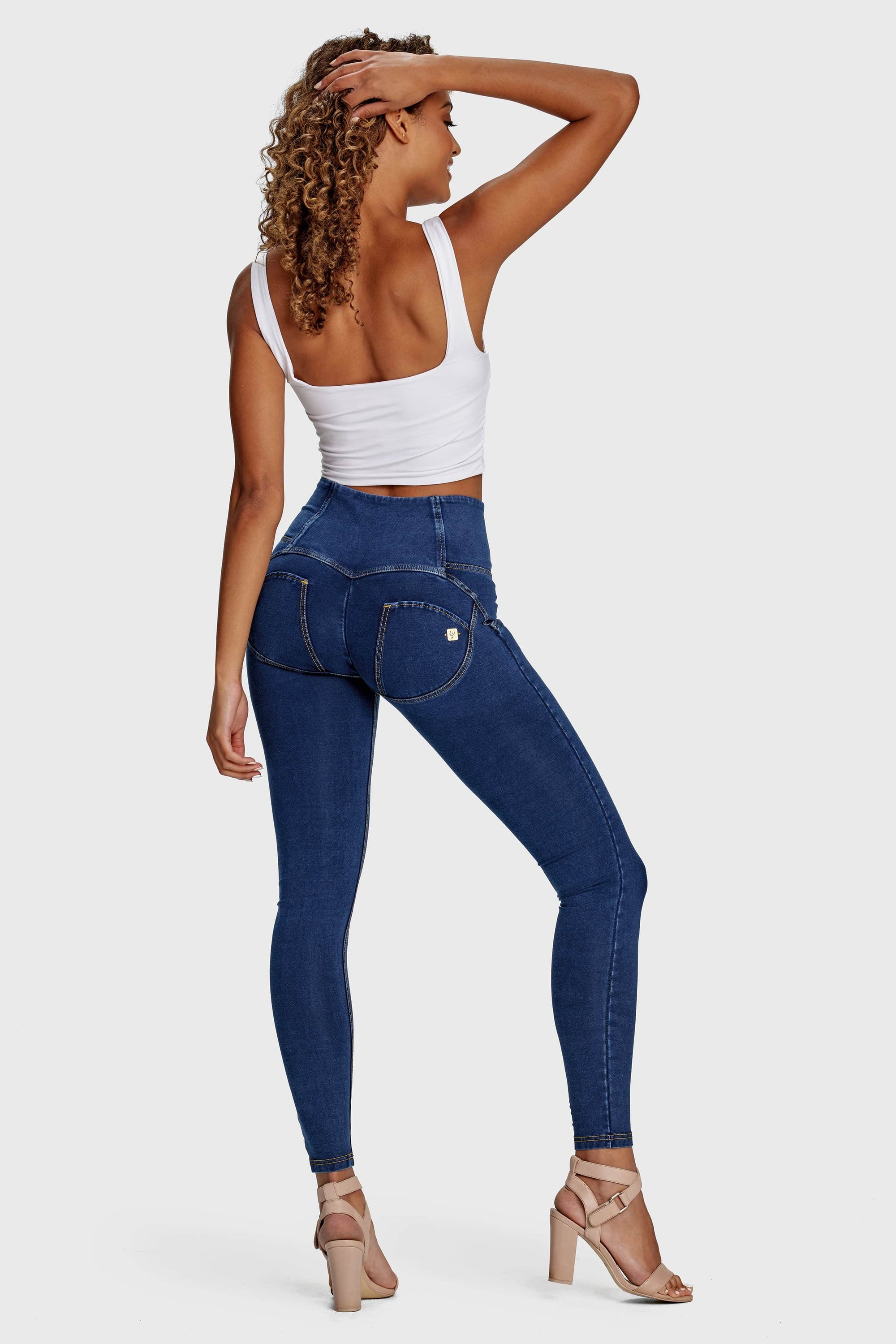 WR.UP® Denim - 3 Button High Waisted - Full Length  - Dark Blue + Yellow Stitching 10