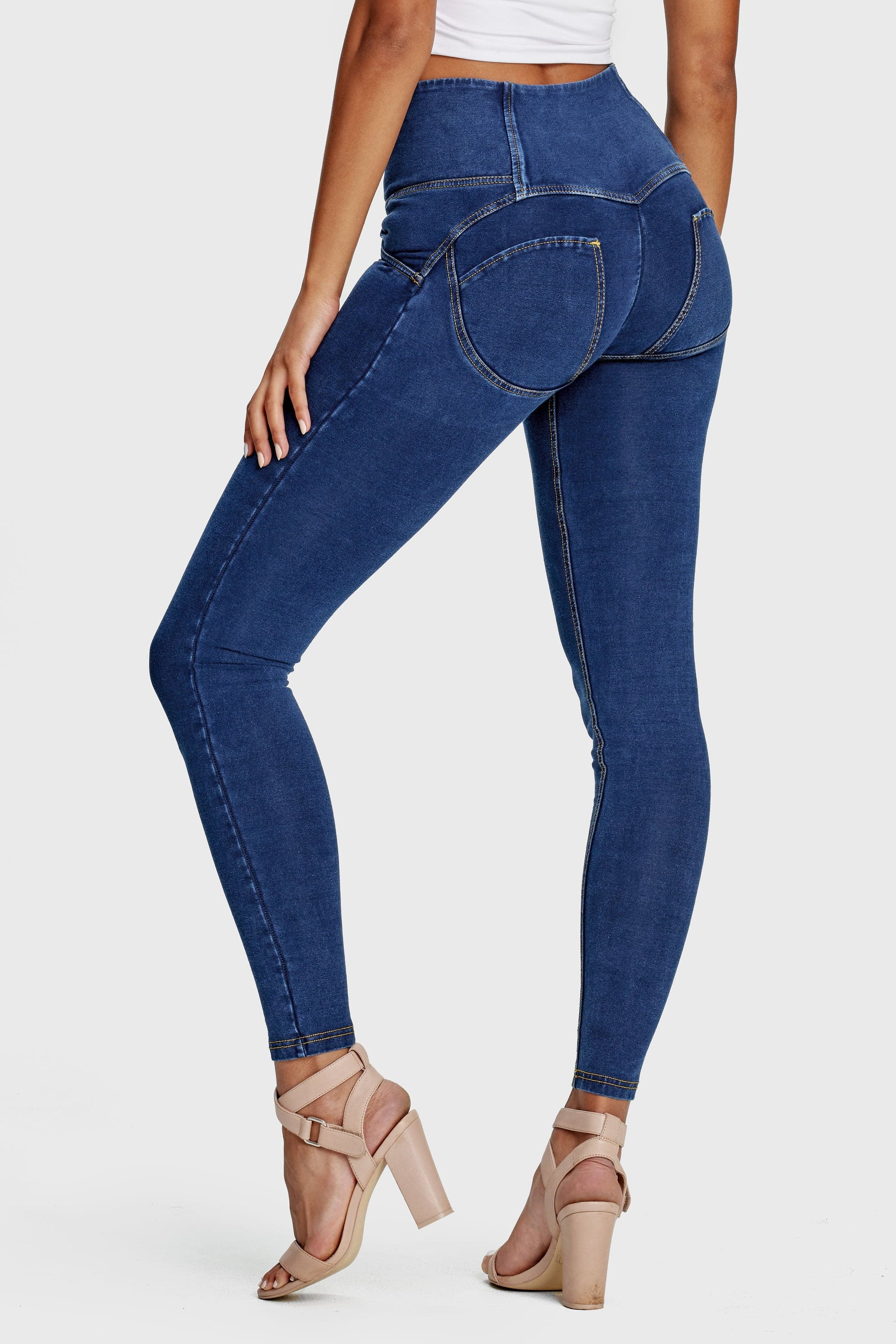 WR.UP® Denim - 3 Button High Waisted - Full Length  - Dark Blue + Yellow Stitching 7
