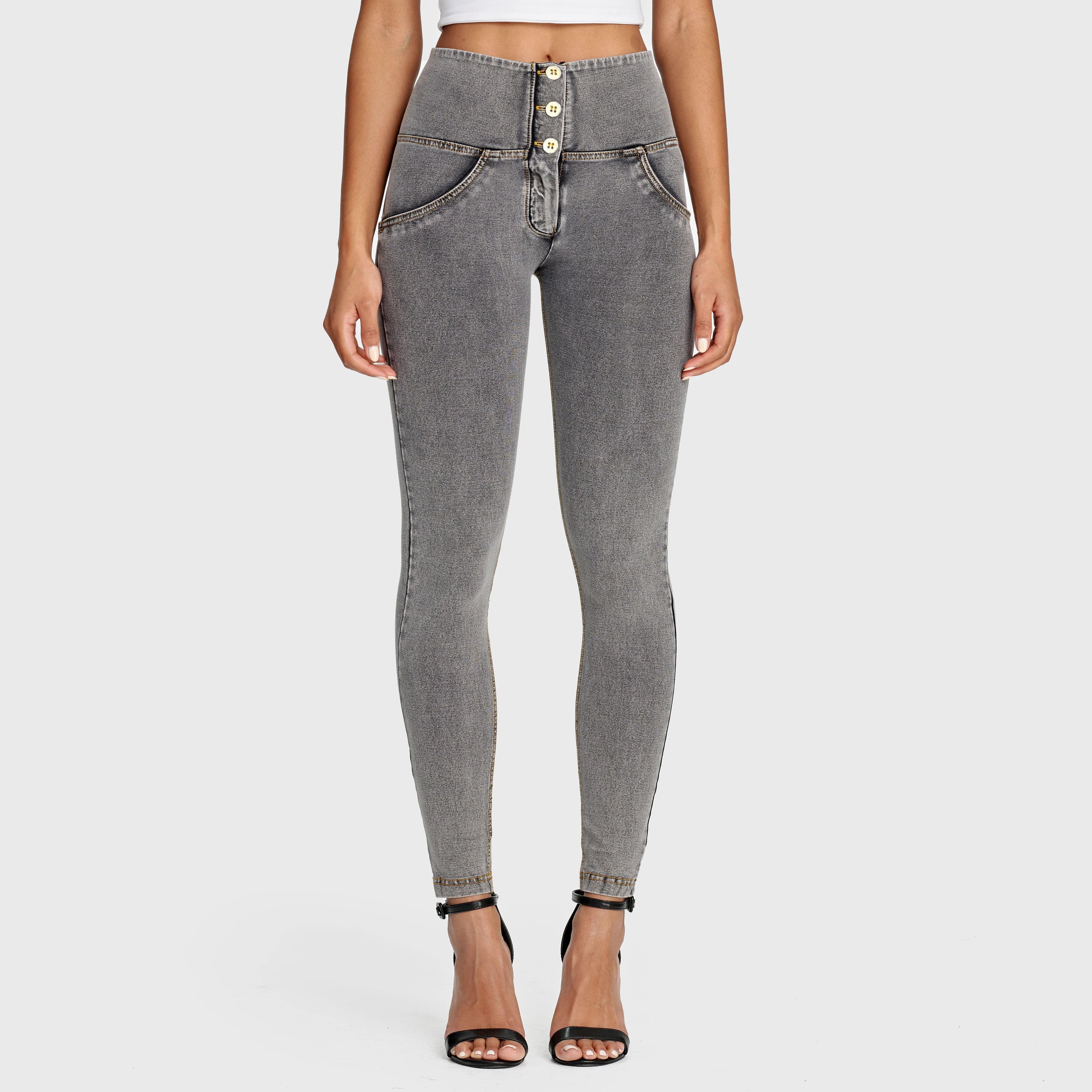 WR.UP® Denim - 3 Button High Waisted - Full Length - Grey + Yellow Stitching 1