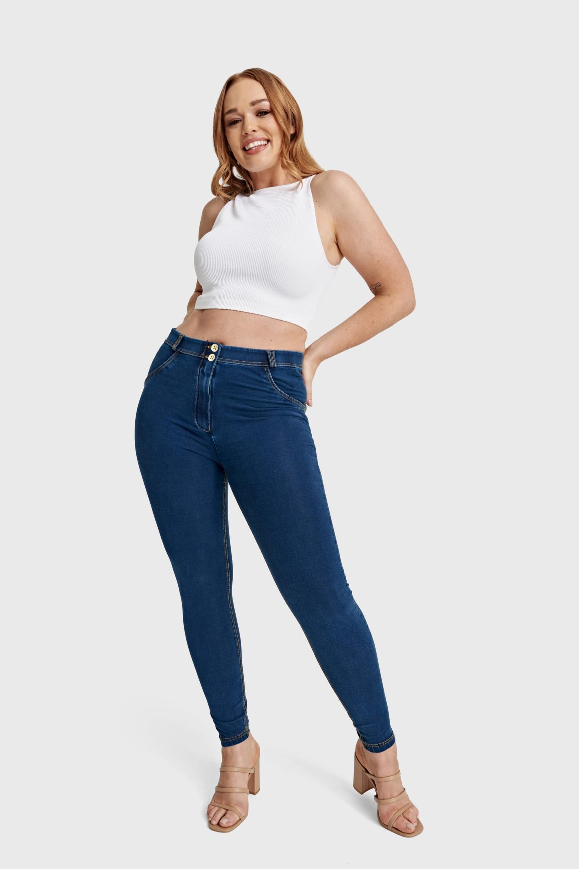 WR.UP® Curvy Denim - High Waisted - Full Length - Dark Blue + Yellow Stitching 5