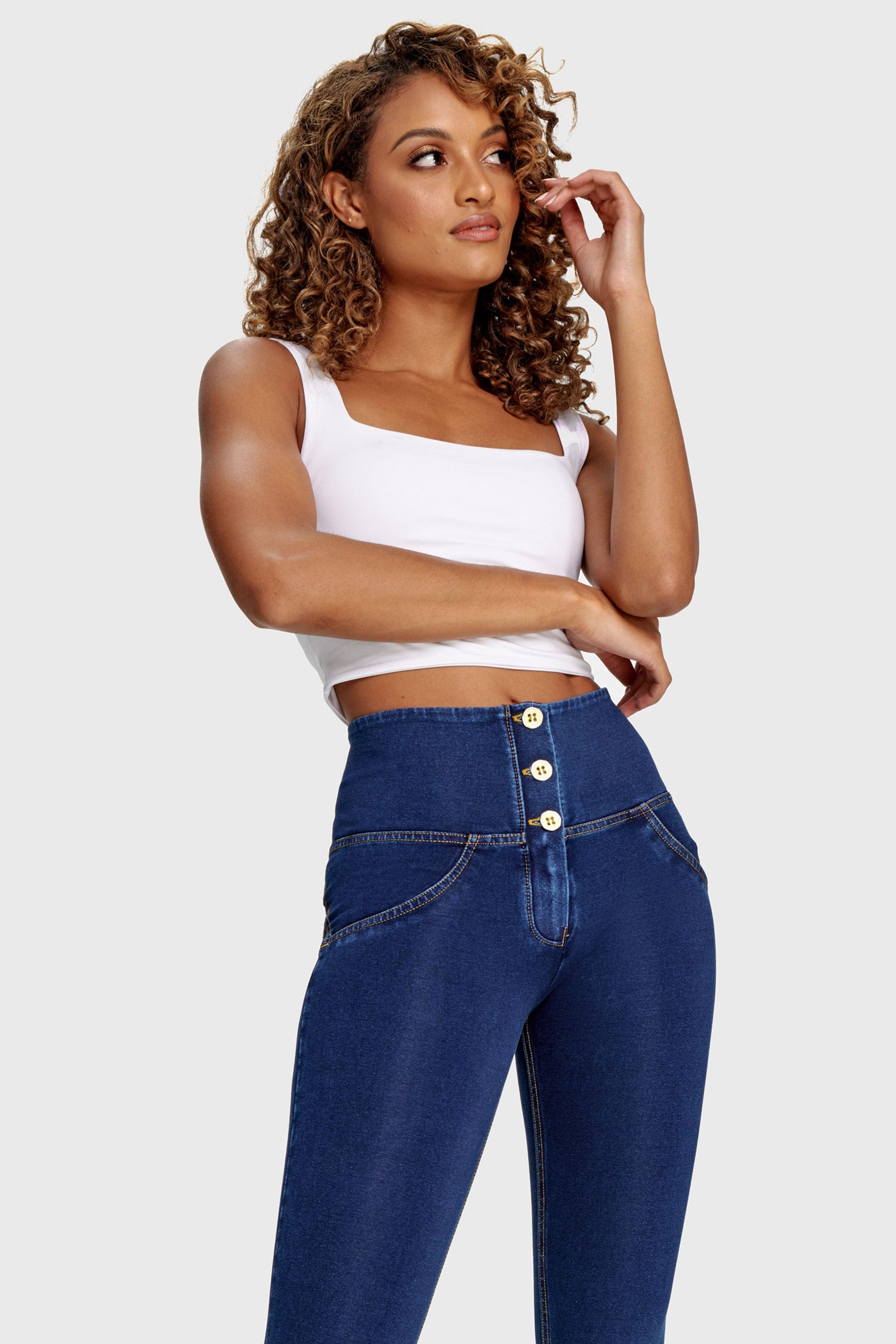 WR.UP® Denim - 3 Button High Waisted - Full Length  - Dark Blue + Yellow Stitching 5