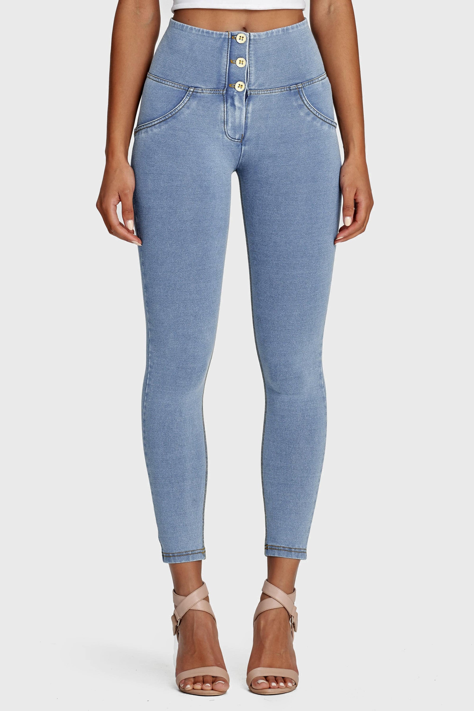 WR.UP® Denim - 3 Button High Waisted - 7/8 Length - Light Blue + Yellow Stitching 1