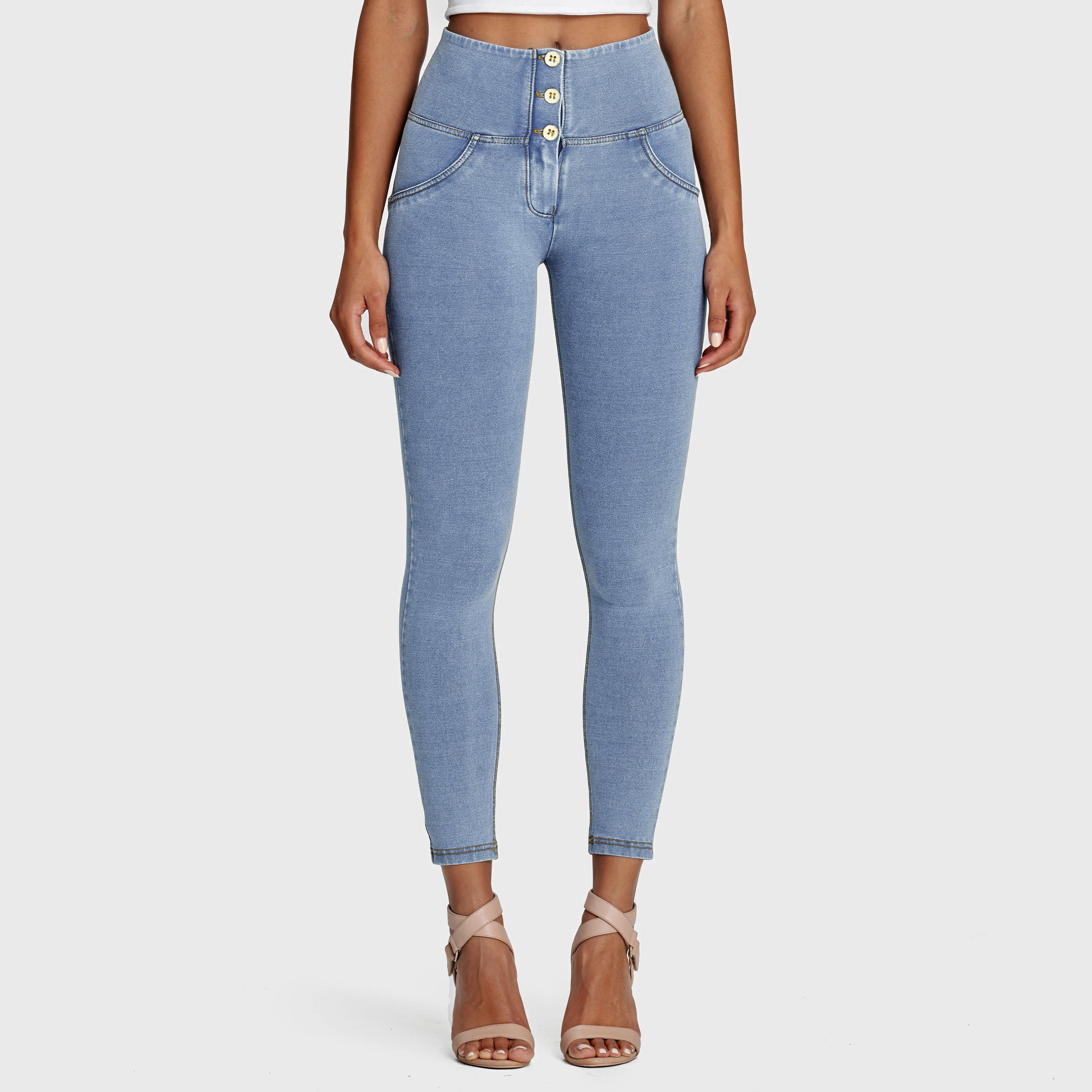 WR.UP® Denim - 3 Button High Waisted - 7/8 Length - Light Blue + Yellow Stitching 1