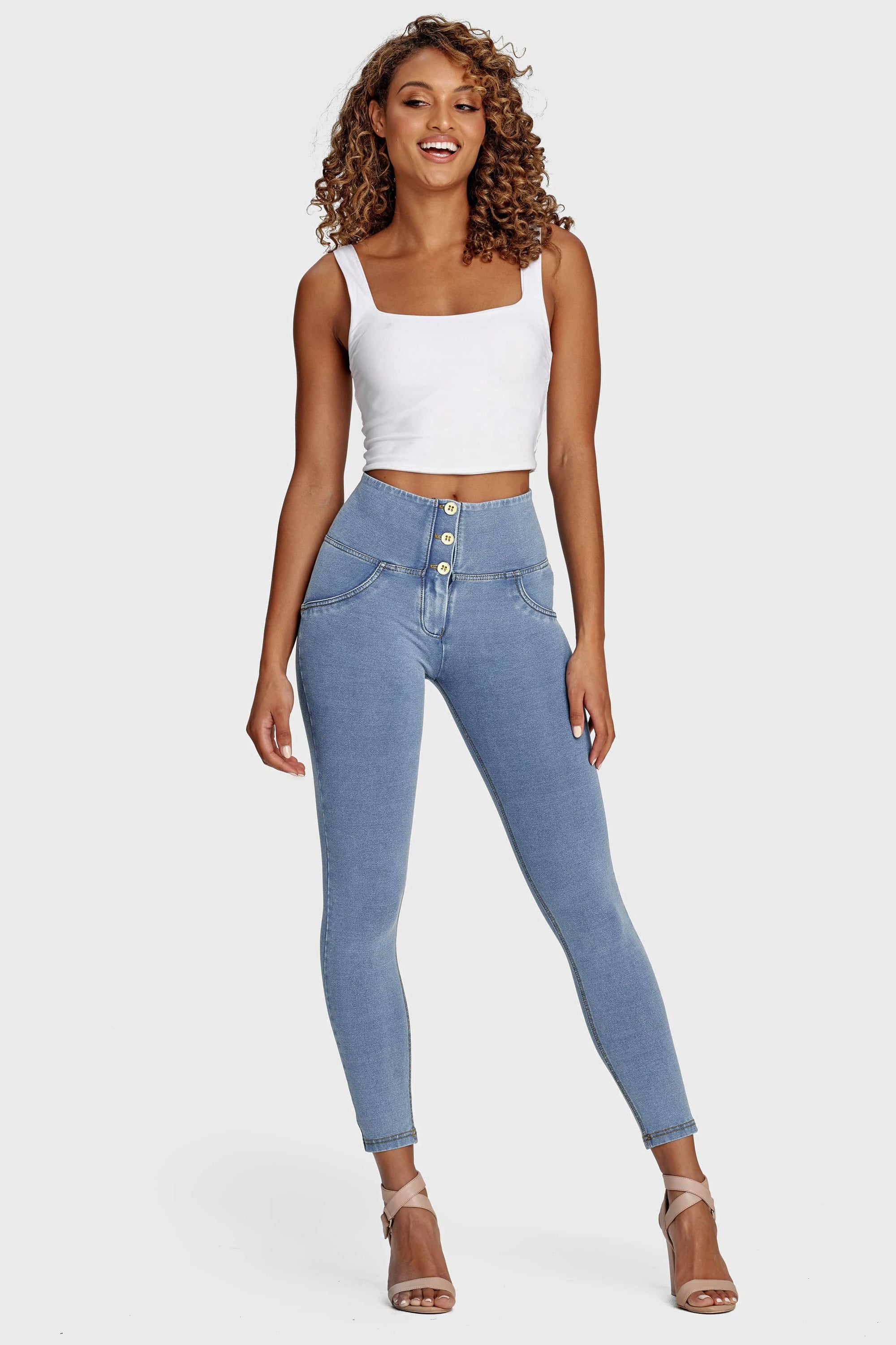 WR.UP® Denim - 3 Button High Waisted - 7/8 Length - Light Blue + Yellow Stitching 5