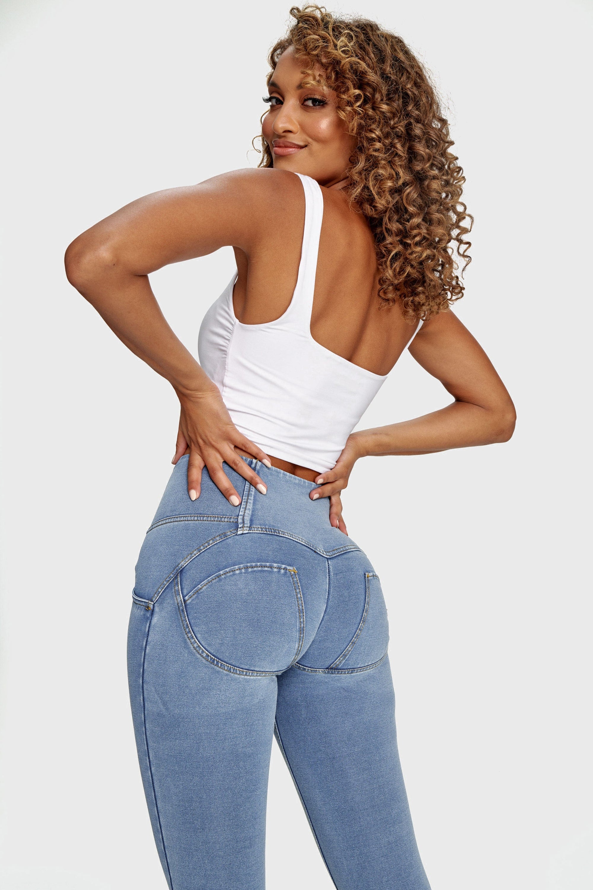 WR.UP® Denim - 3 Button High Waisted - 7/8 Length - Light Blue + Yellow Stitching 6