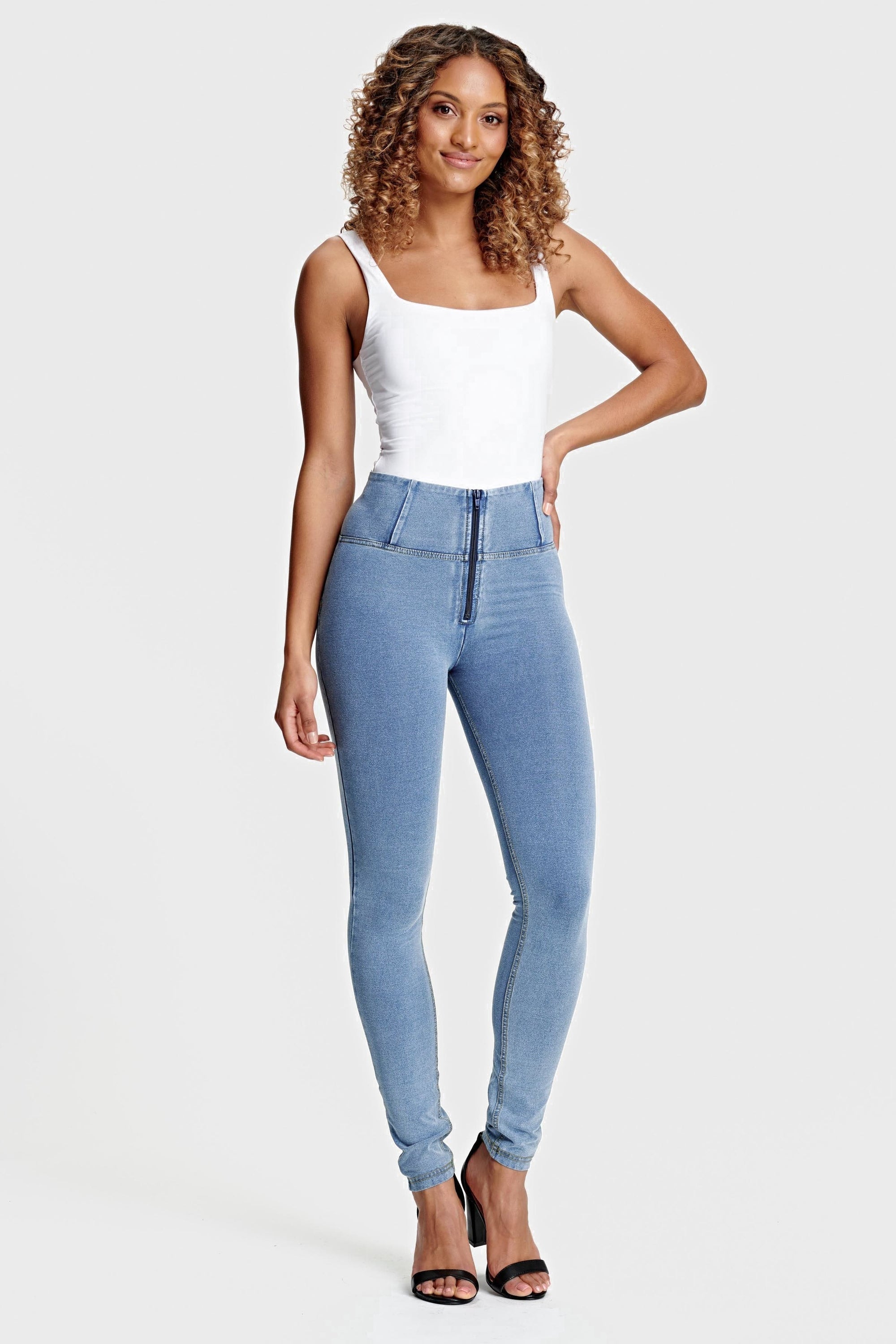 WR.UP® Denim - High Waisted - Full Length - Light Blue + Yellow Stitching 1