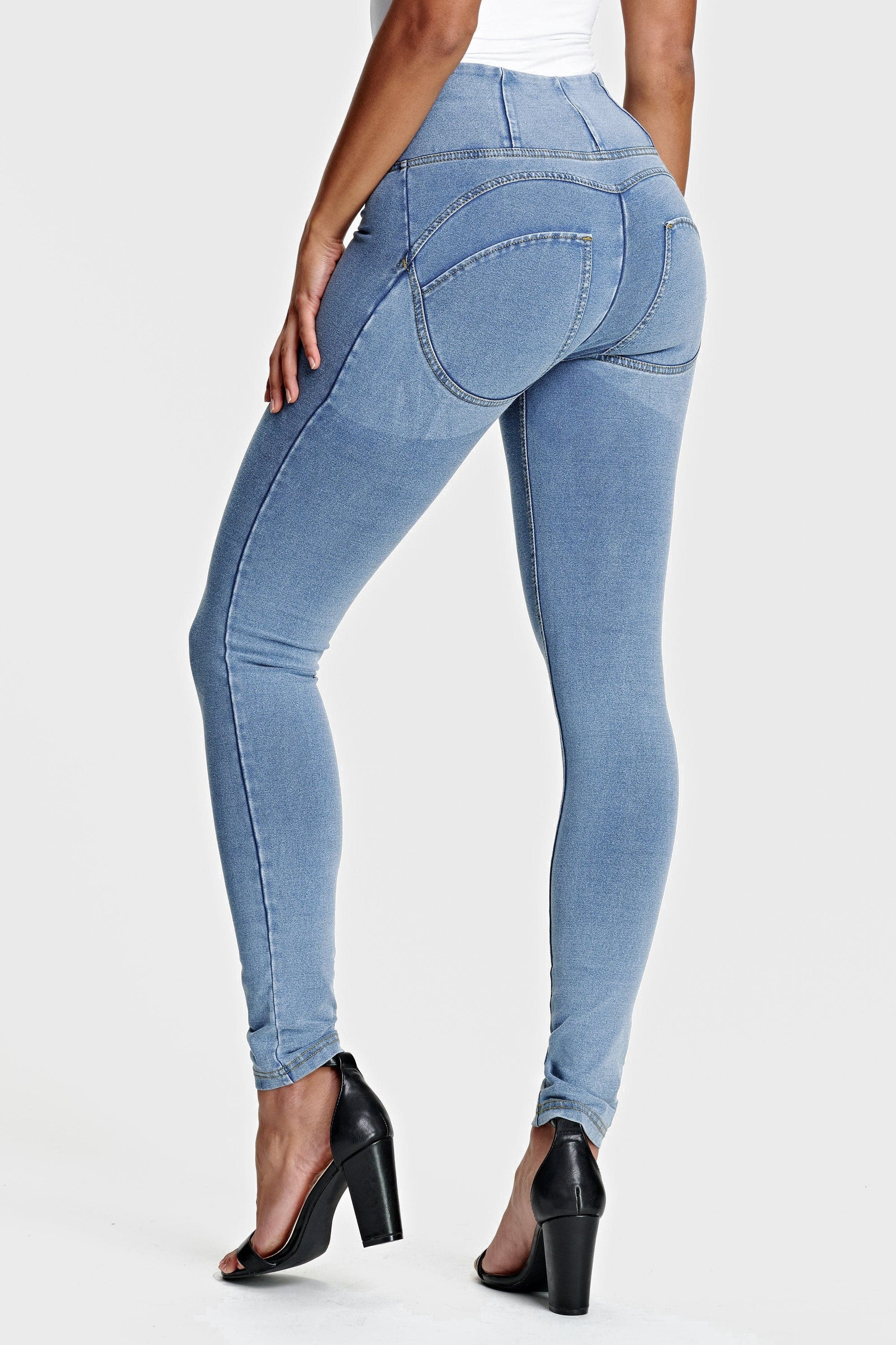 WR.UP® Denim - High Waisted - Full Length - Light Blue + Yellow Stitching 3