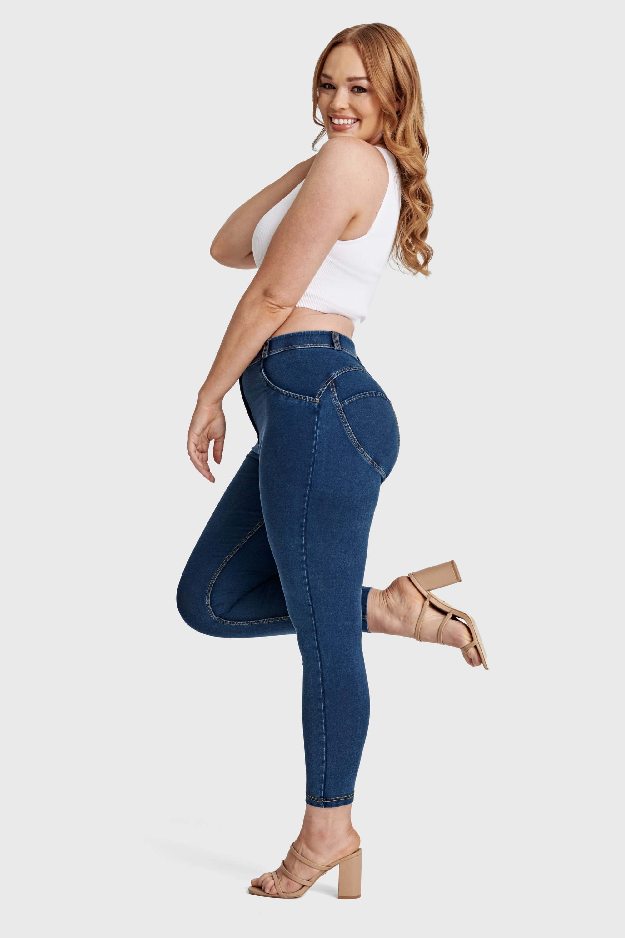 WR.UP® Curvy Denim - High Waisted - 7/8 Length - Dark Blue + Yellow Stitching 5