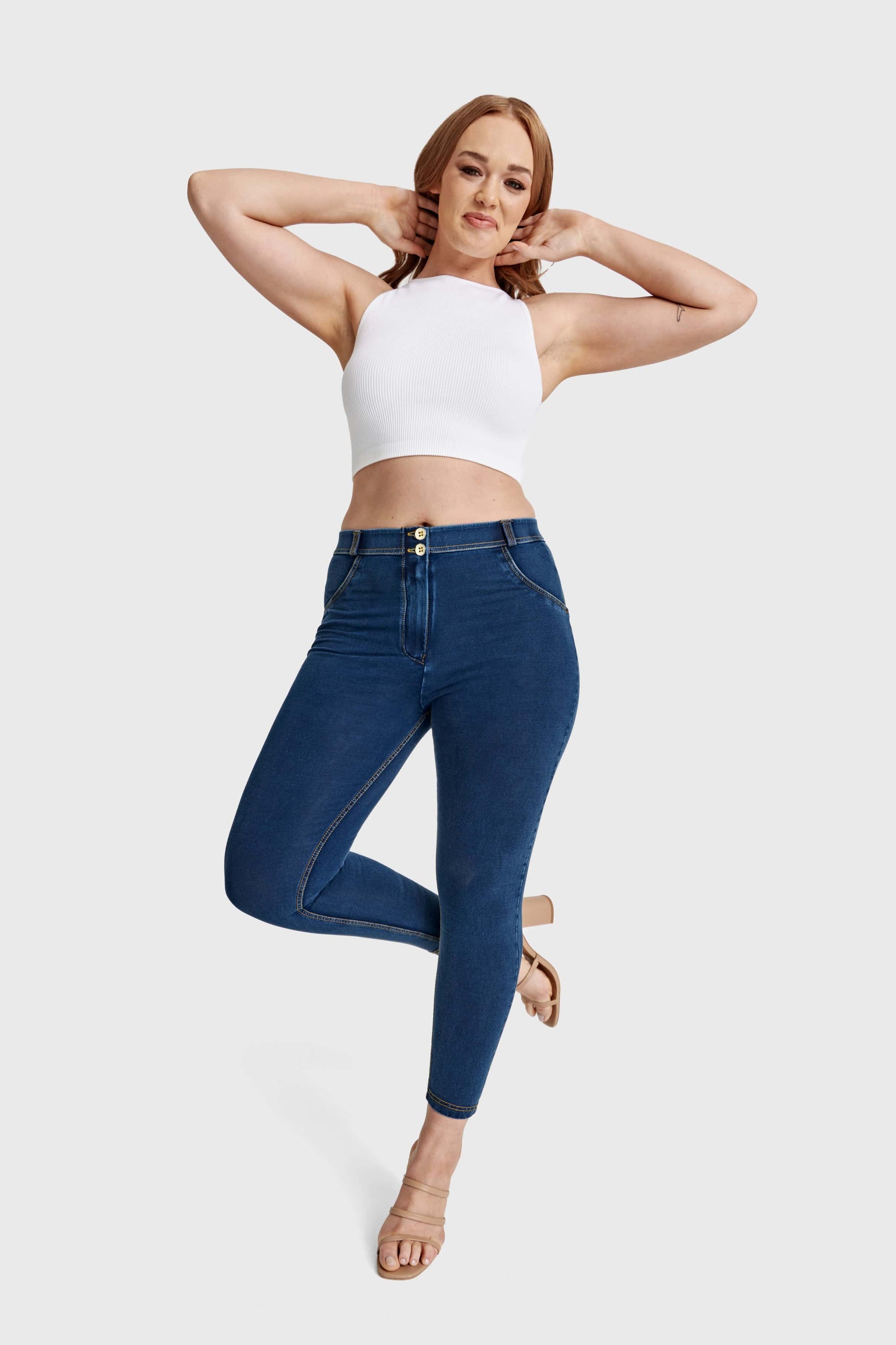 WR.UP® Curvy Denim - High Waisted - 7/8 Length - Dark Blue + Yellow Stitching 4